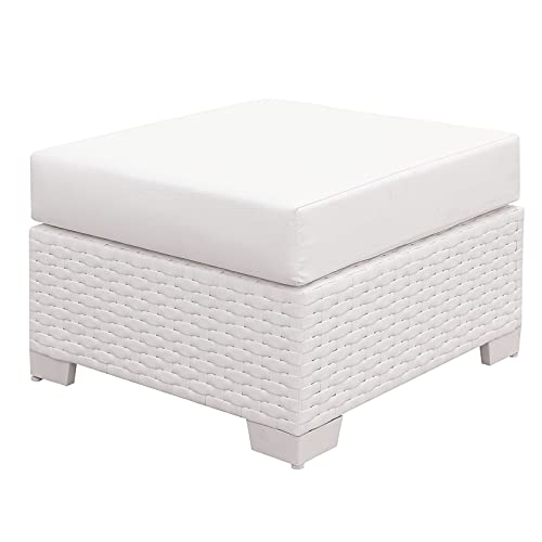 Arthur Contemporary White Rattan Small Patio Ottoman - Modern Outdoor Furniture for Patio, Garden, Poolside & Balcony Decor