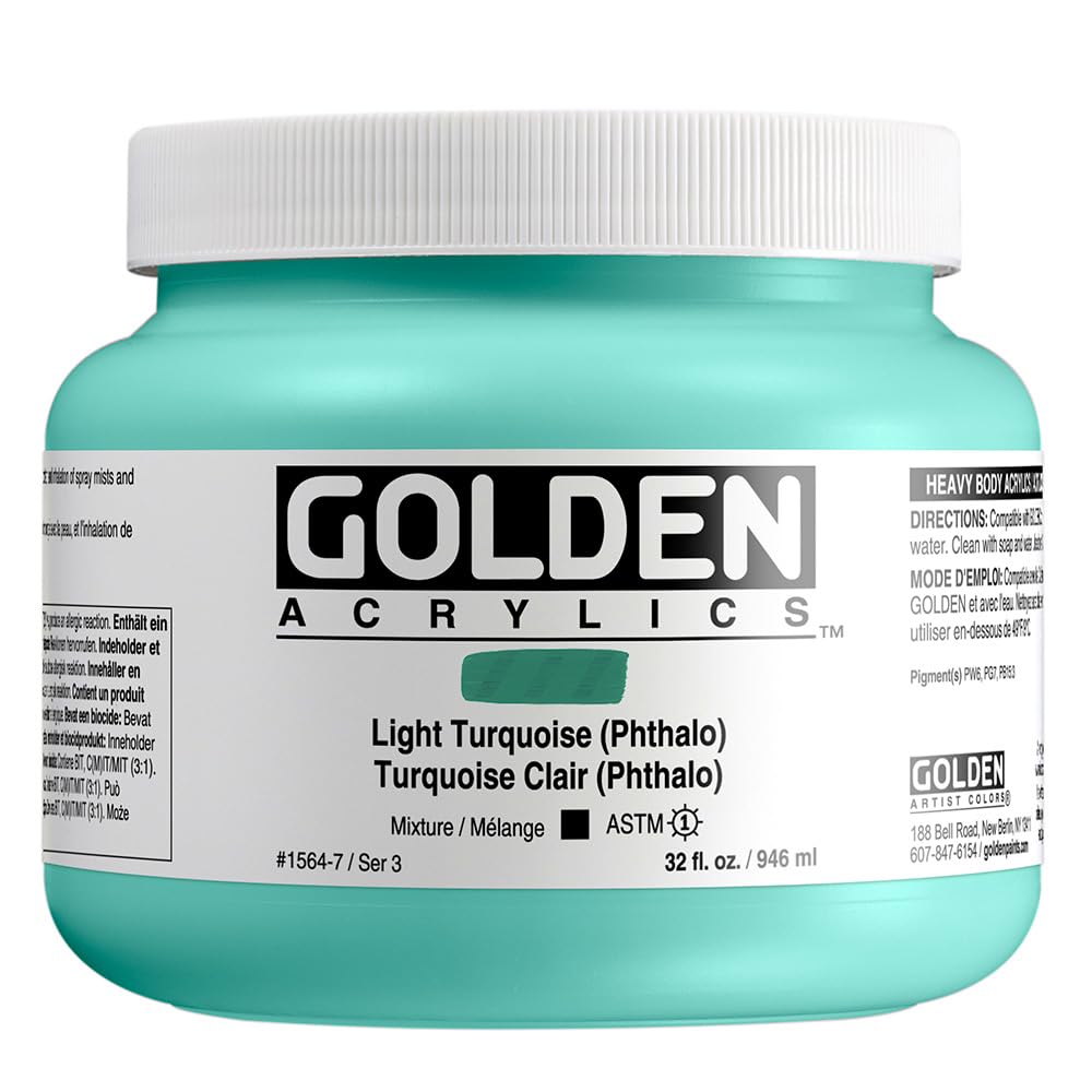 GOLDEN Heavy Body Acrylic Paint - Light Turquoise (Phthalo) 32 fl oz Jar, Professional Grade Opaque Acrylics for Canvas Painting, DIY Crafts & Fine Art