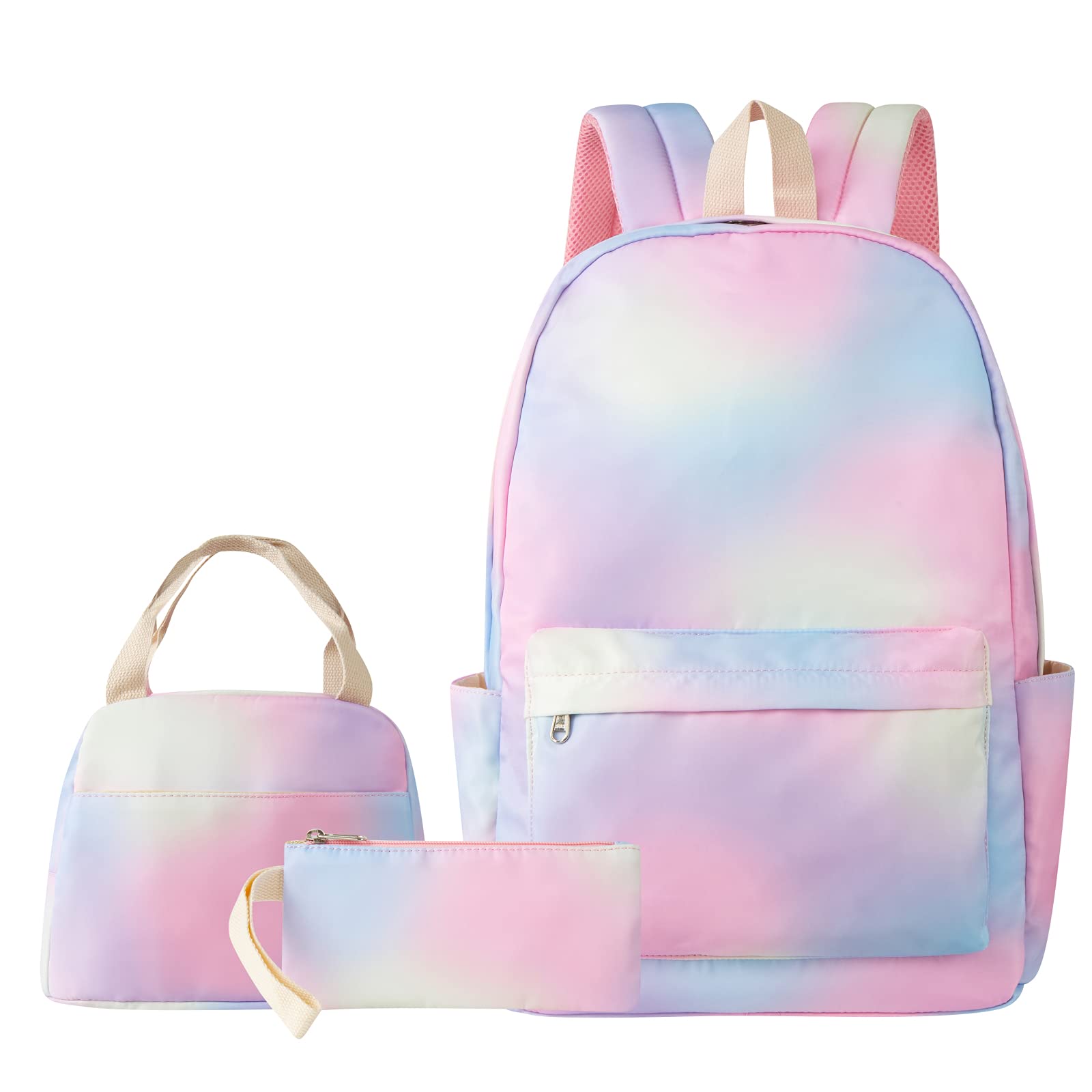 Trendy Tie-Dye Backpack Set for Teen Girls - Rainbow School Bookbag with Lunch Box & Pencil Pouch | Perfect for Middle School, High School & College Students