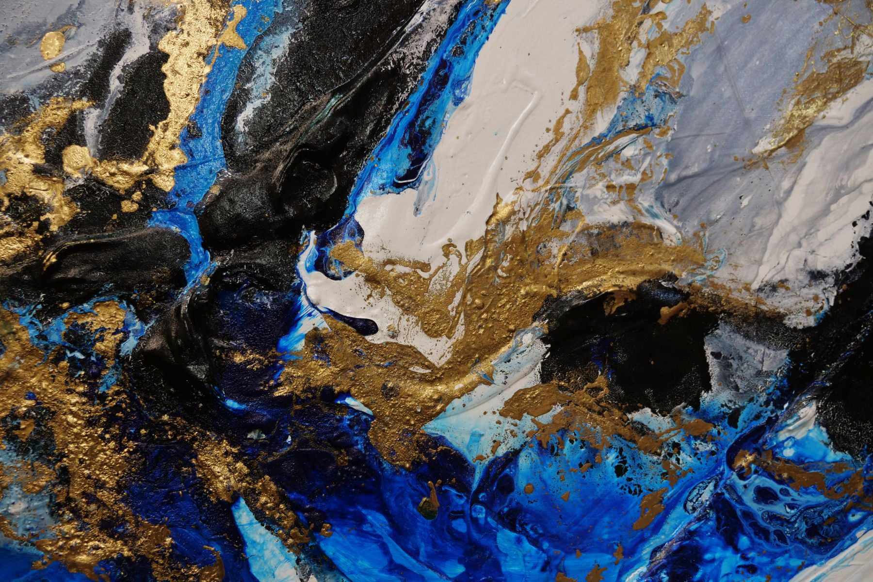 Golden Blue Silk 190cm x 100cm Abstract Textured Painting - Blue Gold Grey Modern Wall Art for Living Room, Bedroom & Office Decor