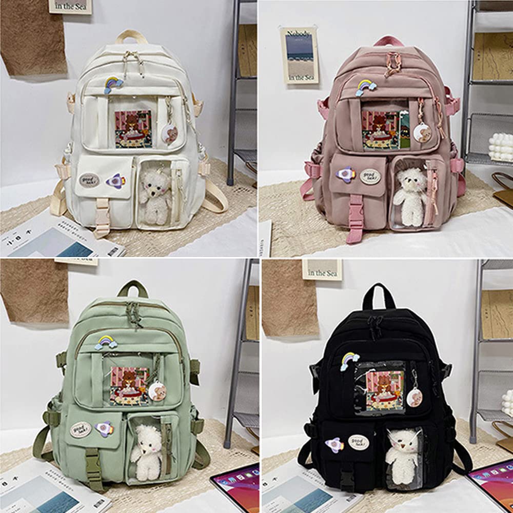 Preppy Kawaii Backpack for Girls with Pin & Accessories - School & Travel (Red)