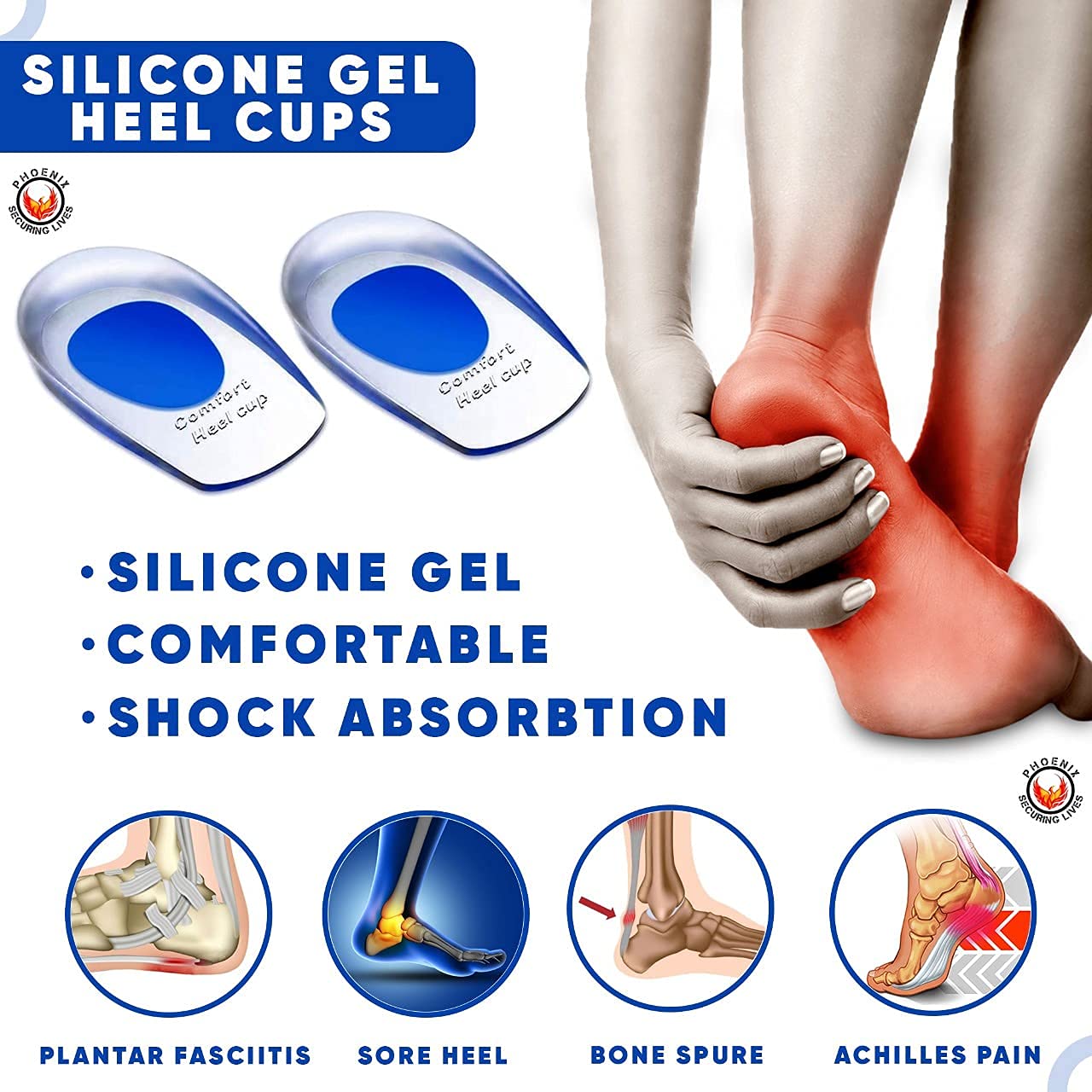 SHNMN Gel Heel Cups for Pain Relief - Silicone Heel Pads for Men & Women - Shock Absorbing Cushion for Heel Spurs, Plantar Fasciitis & Ankle Support (1 Pair) - Perfect for Running, Walking & Work Shoes
