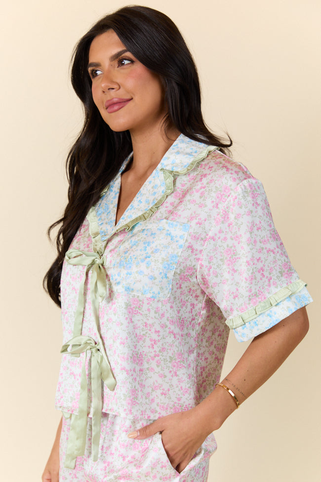 Dreamy Days Mixed Floral Short Sleeve Satin Pajama Top for Women - Soft & Comfortable Sleepwear - Perfect for Lounging, Sleepovers & Relaxing at Home