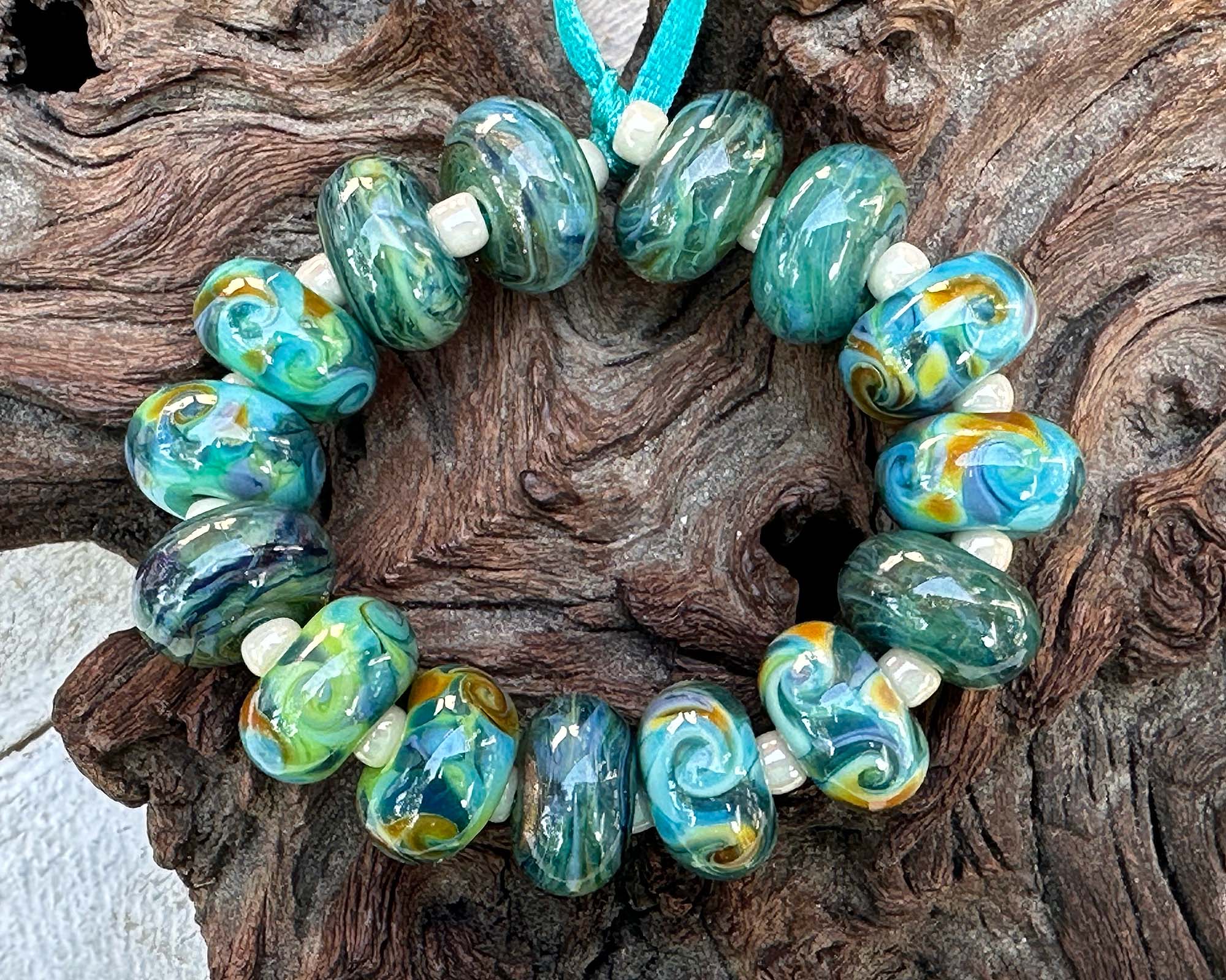 Handmade Teal Green Swirls Lampwork Glass Beads Set - 50pcs for Jewelry Making, DIY Crafts, Bracelets & Necklaces - Perfect for Beaders and Artisans