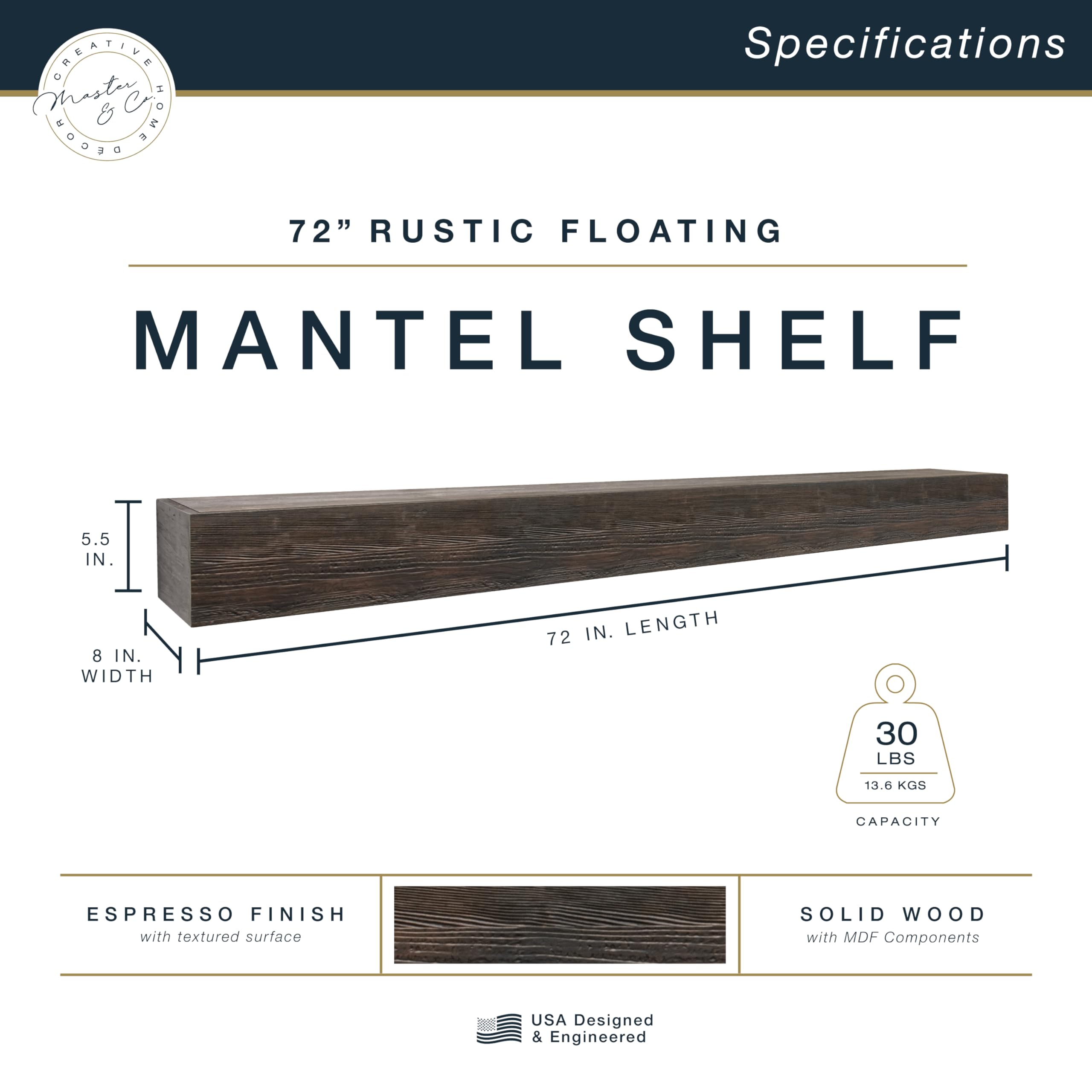 72-Inch Solid Wood Floating Fireplace Mantel Shelf - Espresso Finish by Master & Co - Heavy Duty Wood Cleat Hanging System - Perfect for Living Room Decor, Photo Display & Home Decoration - Ideal for Fireplace Surrounds, TV Backdrops and Wall Shelving