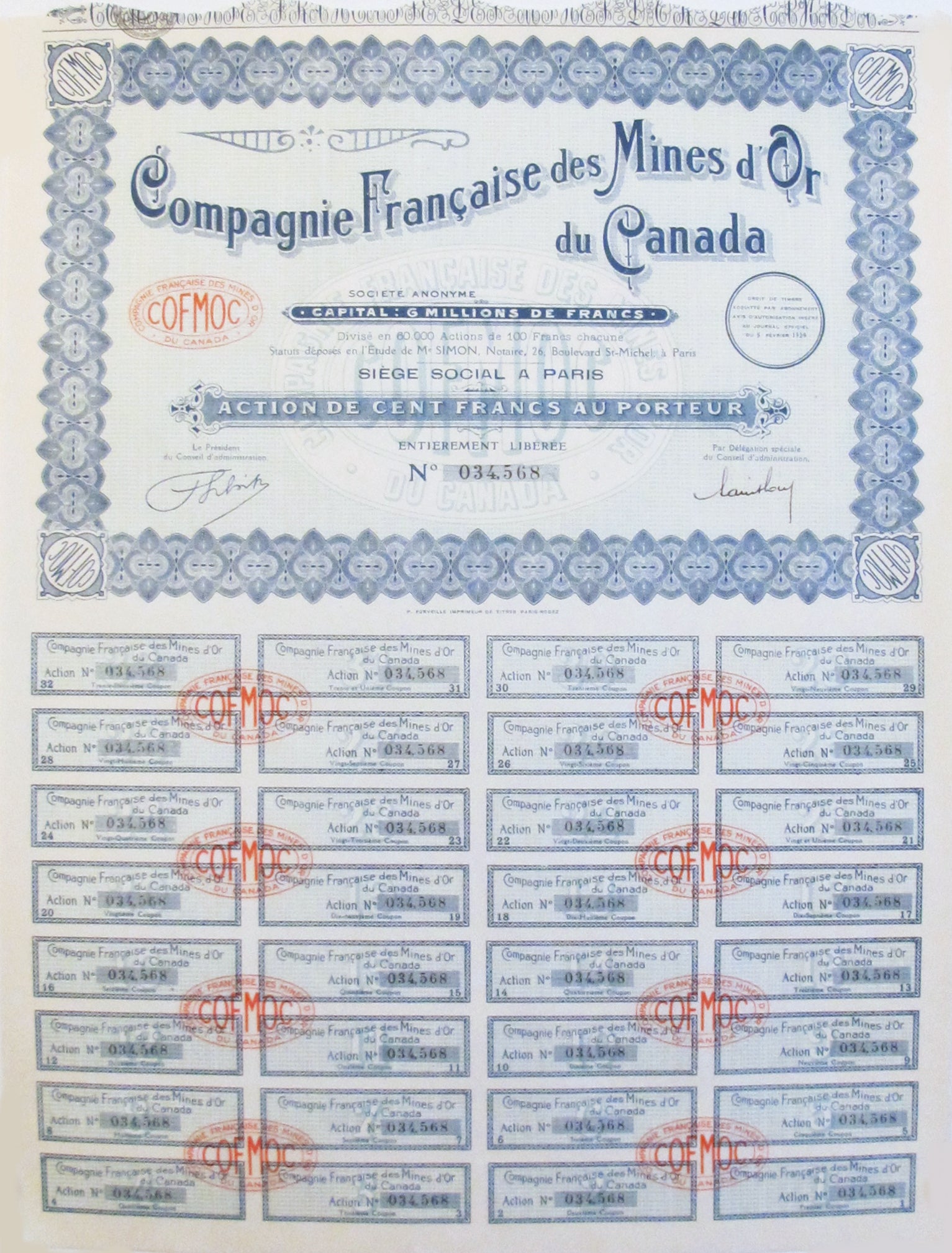 1929 Original Stock Certificate - Compagnie Francaise des Mines d'Or du Canada | Vintage Collectible Investment Document | Perfect for Wall Decor & Financial History Enthusiasts