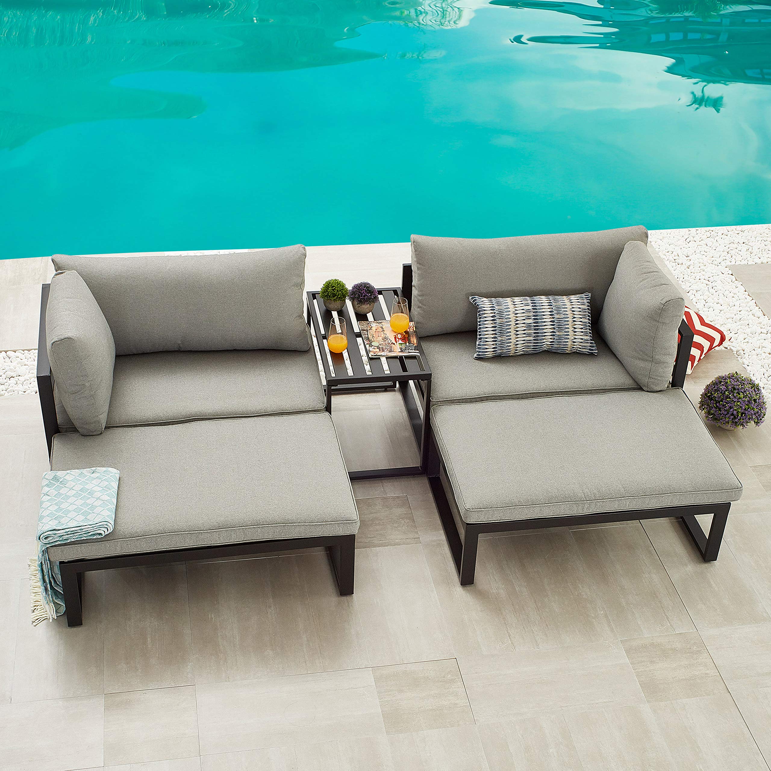 5-Piece Outdoor Patio Furniture Set - Sofa, Lounge Chairs & Ottoman with Cushions - Perfect for Garden, Backyard, Poolside Relaxation and Entertaining