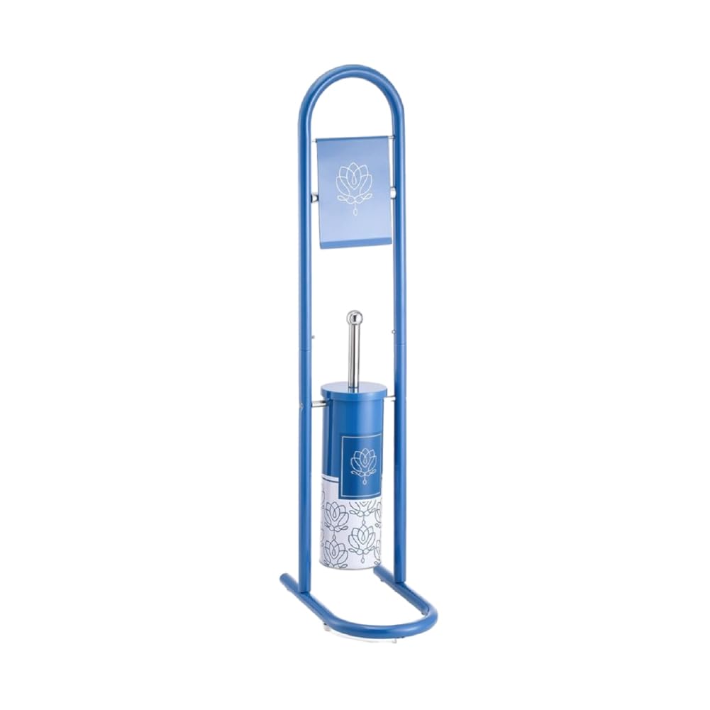 Modern Bathroom Floor Stand Set - Toilet Roll Holder & Brush Holder - 80cm Painted Metal Column - Light Blue - Perfect for Small Bathrooms & Powder Rooms