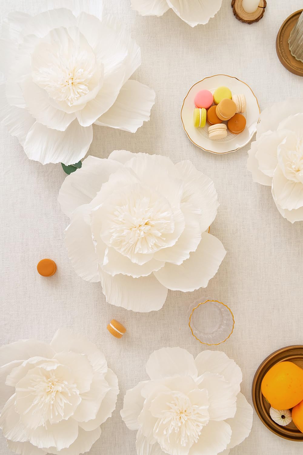 White Crepe Paper Flowers Set of 6 - Wedding, Baby Shower & Party Decor