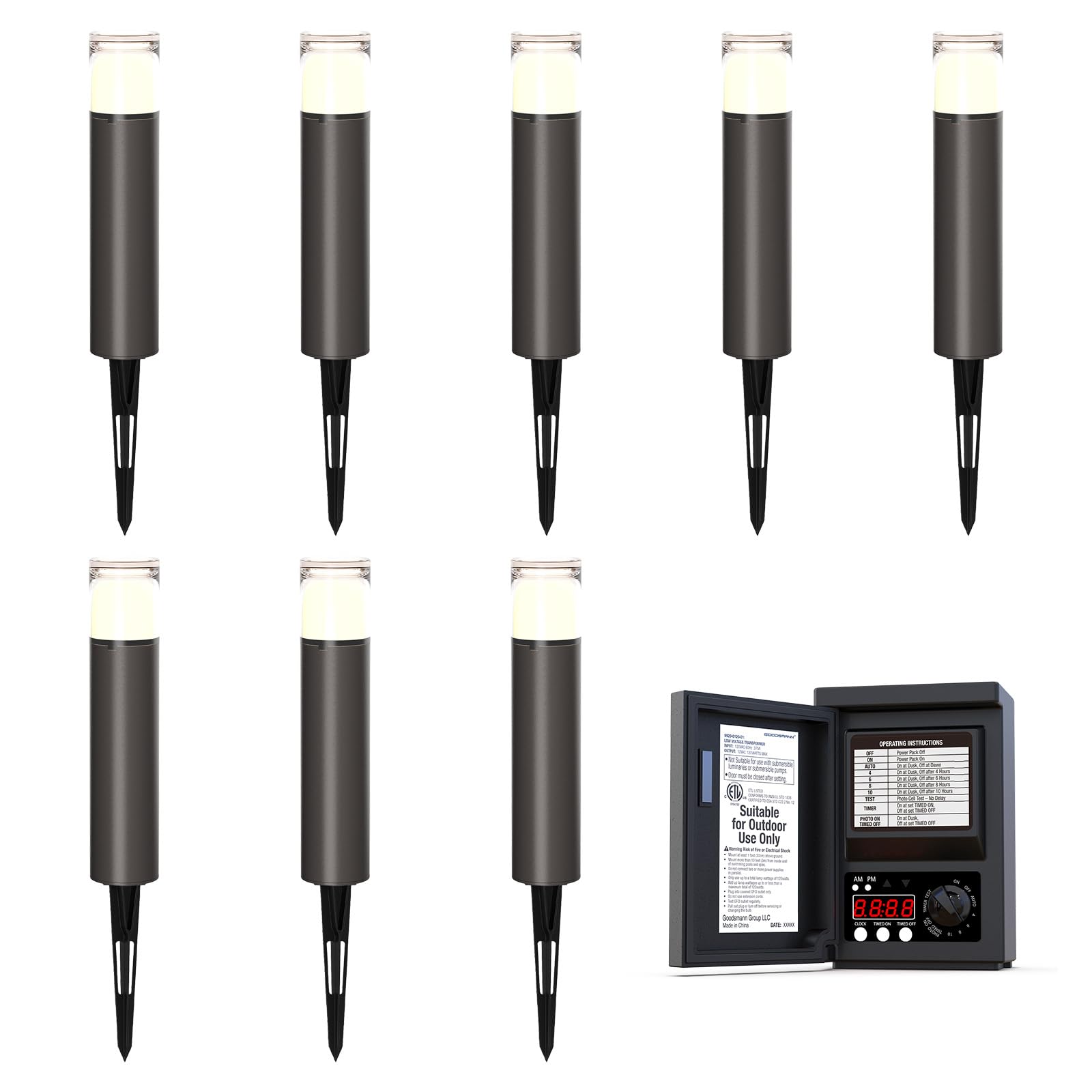 GOODSMANN 120W Low Voltage Transformer with 8 Pack 2W LED Landscape Lights (100 Lumen) - Perfect for Outdoor Garden, Pathway, and Yard Lighting
