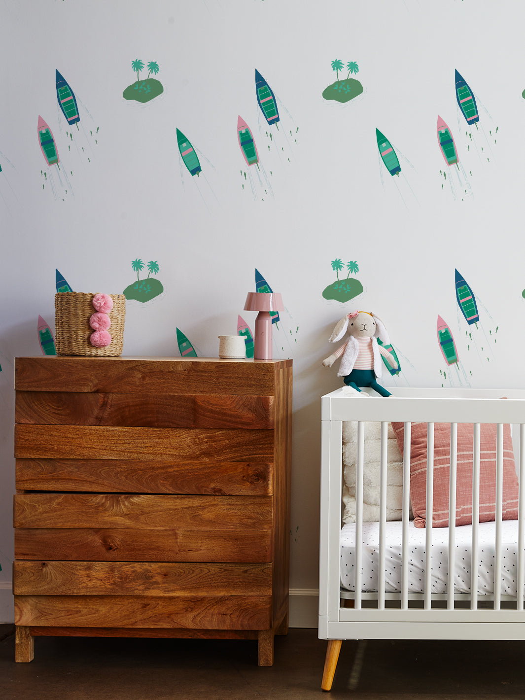 Island Boats Wallpaper by Tea Collection - White Coastal Nautical Theme for Bedroom, Bathroom & Living Room Decor