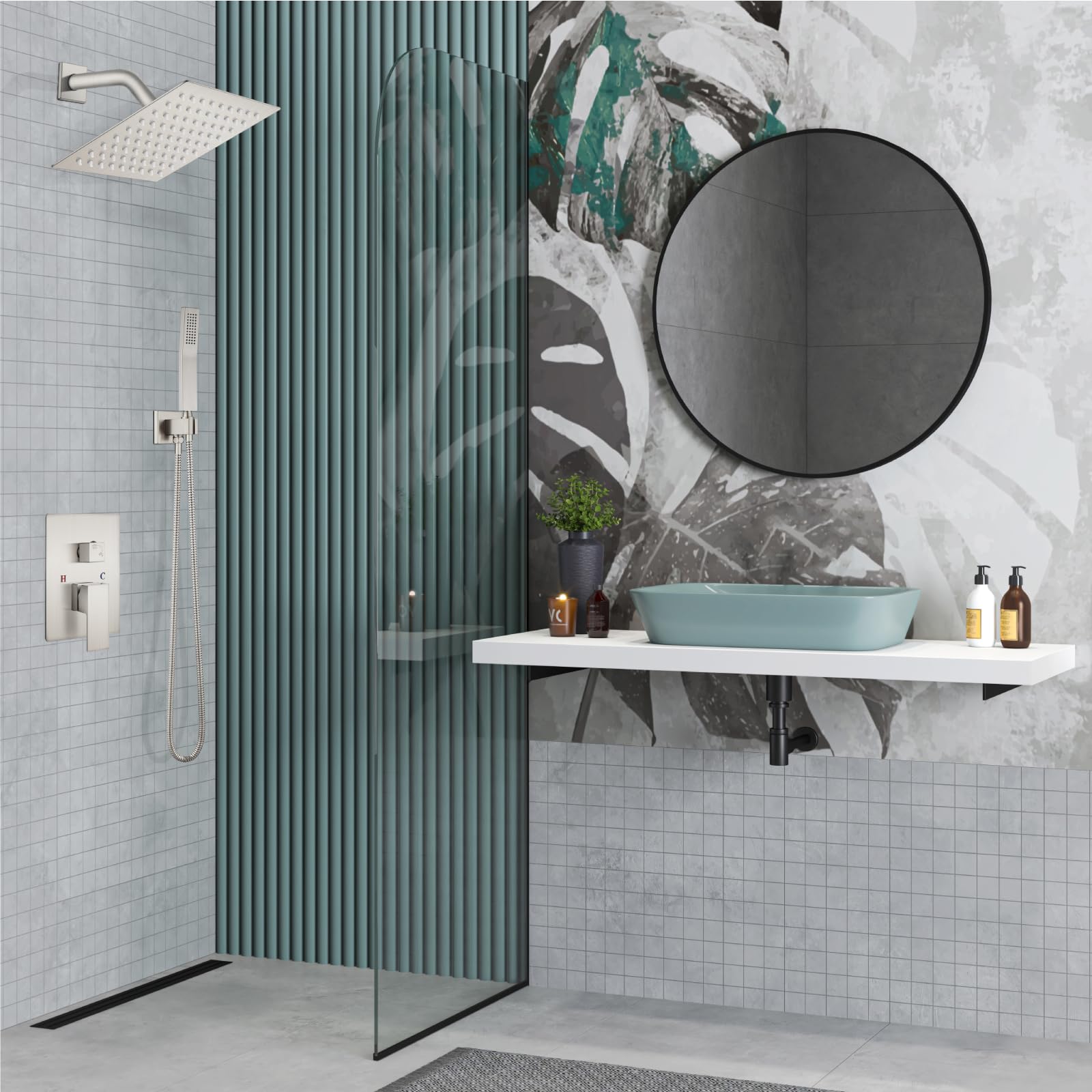 Midanya 8 Inch Square Rainfall Shower System - Brushed Nickel Wall Mount Shower Faucet Set with Hand Sprayer, Rough-in Valve & Trim Kit - Luxury Bathroom Mixer Combo for Spa-Like Experience
