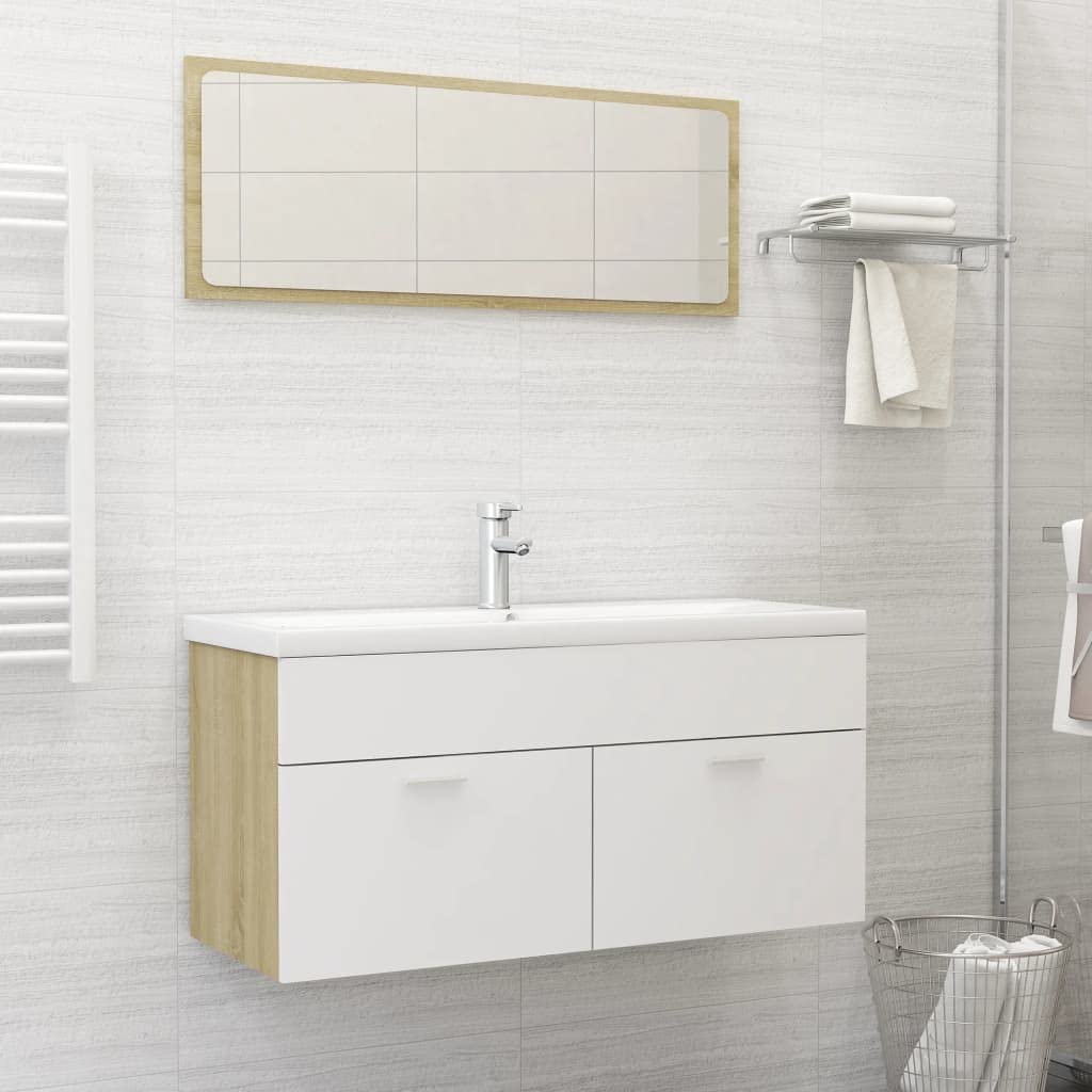 Modern Bathroom Vanity Sink Combo with Mirror & Storage Cabinet - White & Sonoma Oak Chipboard Console Unit for Bathroom Decor | Perfect for Small Bathrooms, Master Baths & Powder Rooms