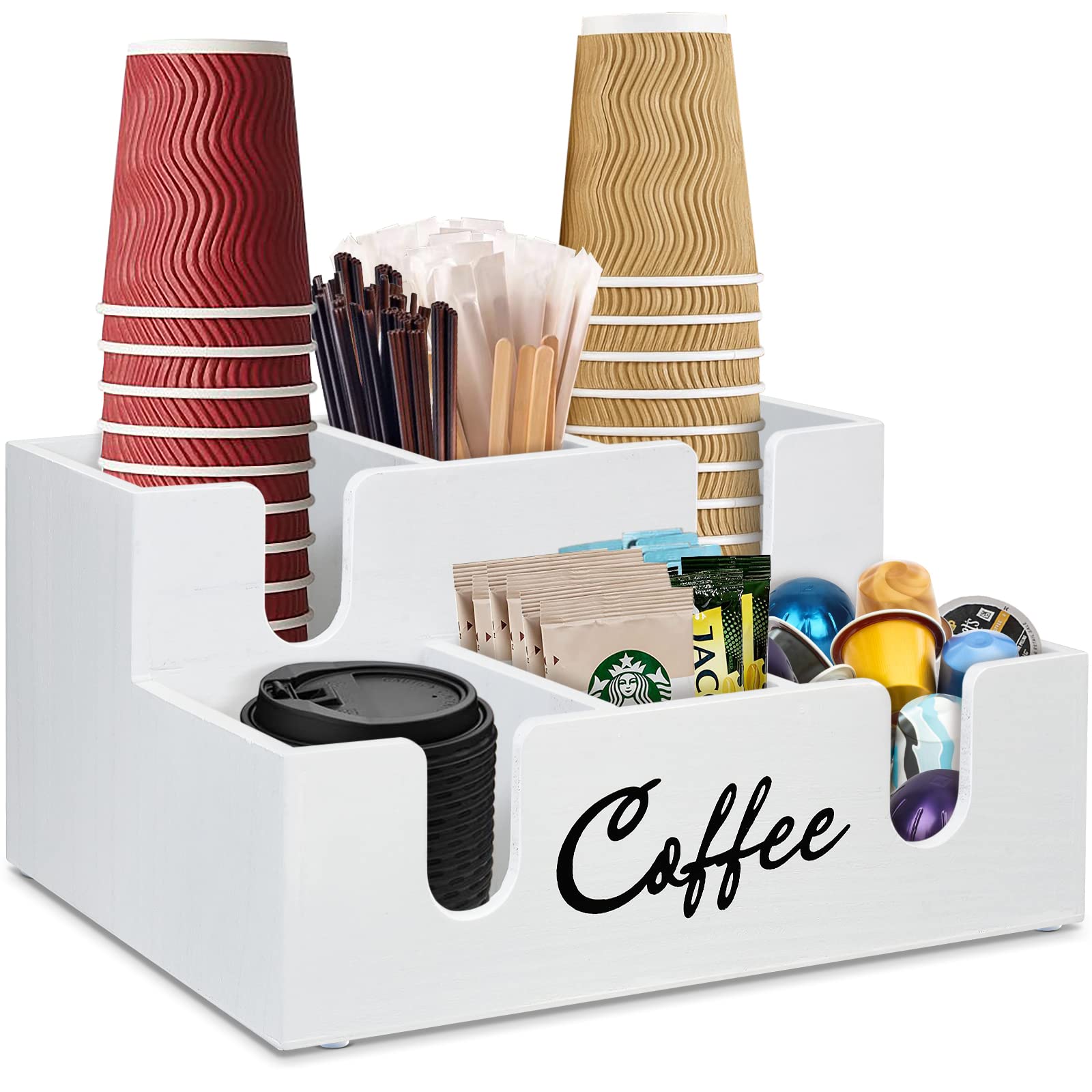 Wooden Coffee Station Organizer - 6 Compartment Countertop Lid Holder, Paper Cup Dispenser & Condiment Storage | Perfect for Kitchen, Office & Coffee Bar Organization