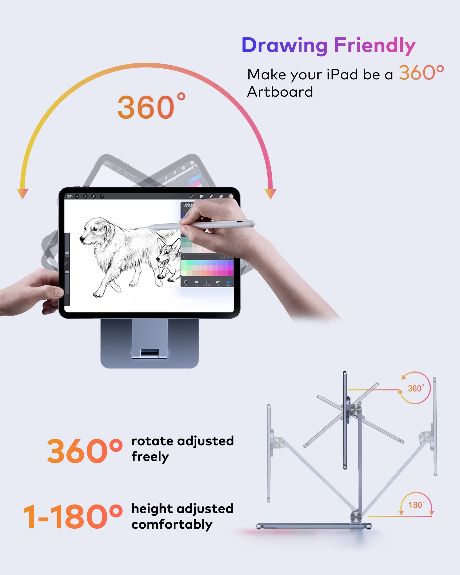 Magnetic Stand for iPad Pro 12.9 Inch & iPad Air 13 Inch M2 (2024) - 94 N52 Powerful Magnets, Aluminum Alloy Adjustable Desk Holder with 180° Tilt & 360° Rotation - Easy to Use, No Assembly Required - Perfect for Home Office, Workstation & Video Calls
