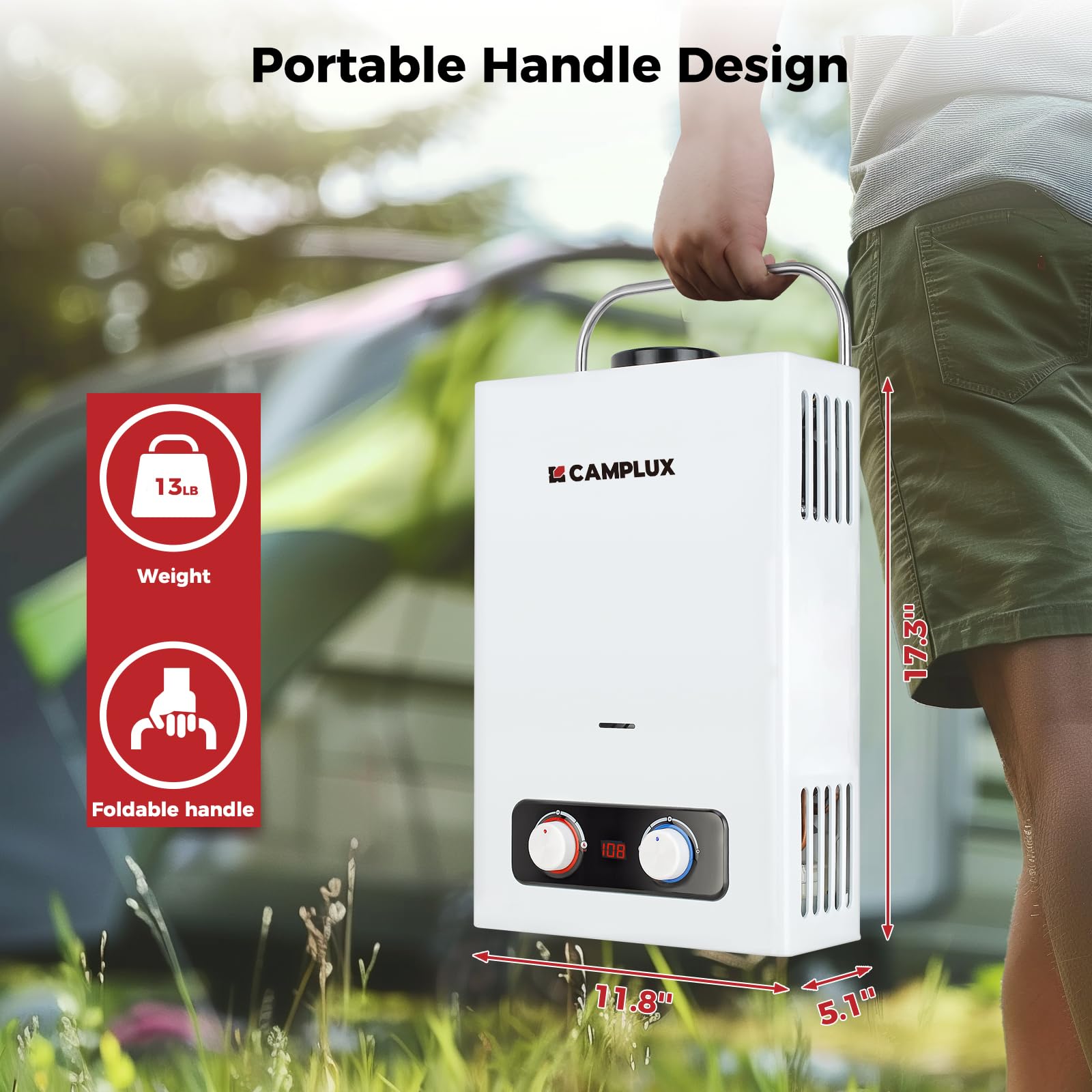 Camplux BD158 Portable Tankless Water Heater - 1.58 GPM Propane Gas Water Heater with Handle, 41,000 BTU for Outdoor Camping, RV, Cabin & Off-Grid Living | Instant Hot Water Solution for Showers, Washing & Outdoor Adventures