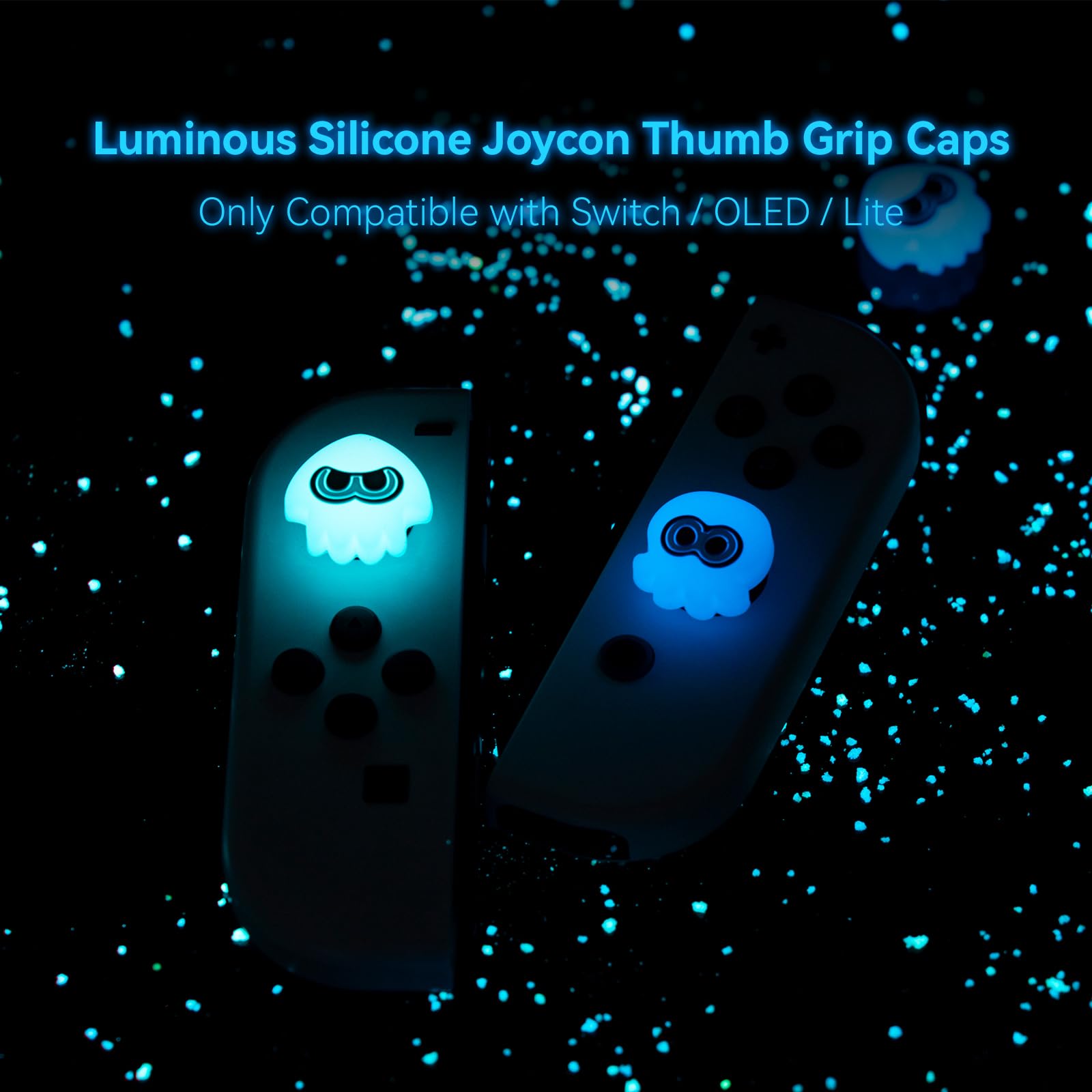 Nintendo Switch Joycon Thumb Grip Caps - Soft Silicone Joystick Cover Compatible with Switch/OLED/Lite (4PCS Squid & Octopus Luminous-Cyan&Green) - Perfect for Splatoon Gaming & Long Play Sessions
