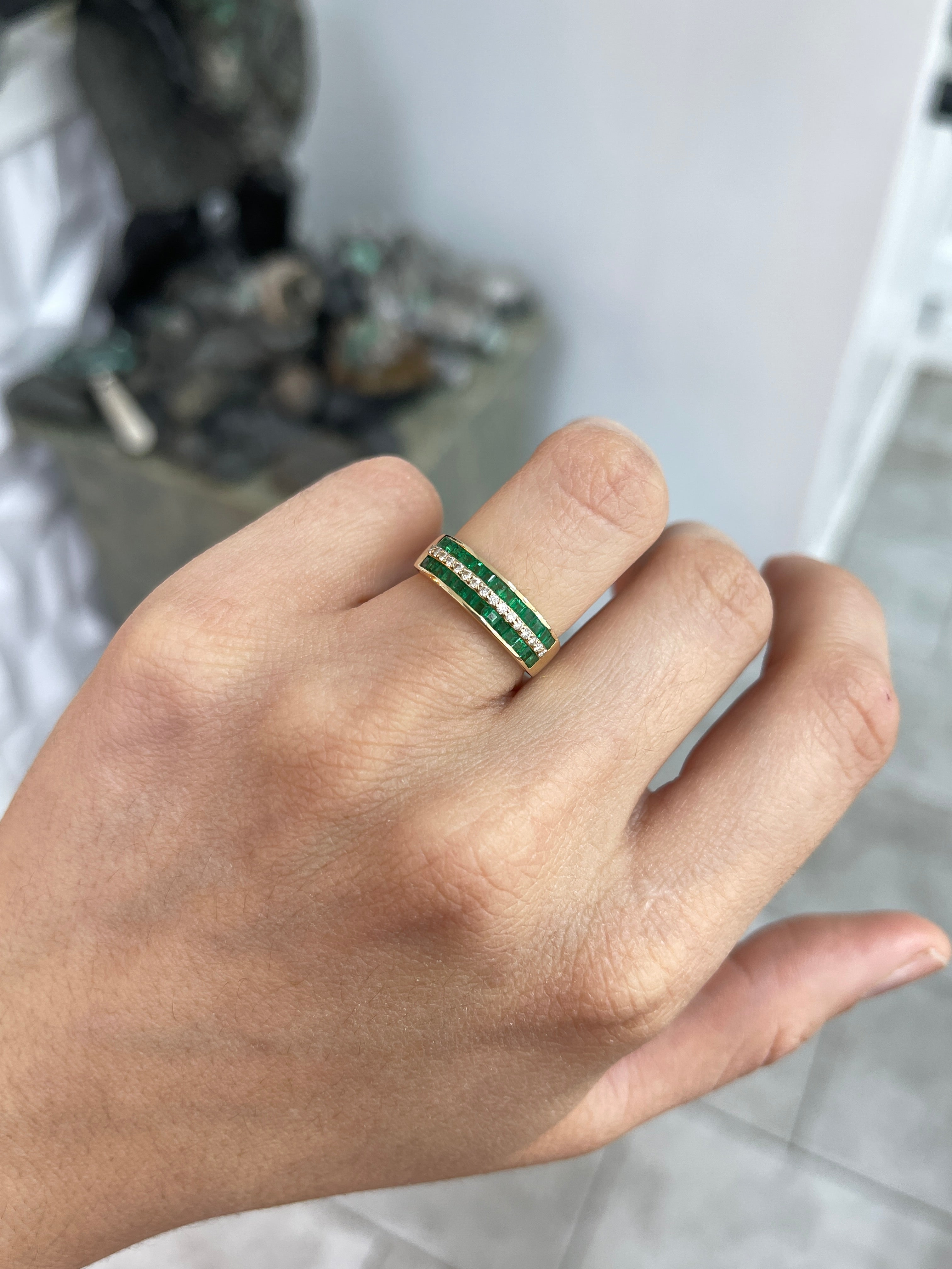 14K Gold Three Row Square Emerald & Diamond Wedding Band - 6mm Wide Elegant Stackable Ring for Bridal, Anniversary & Special Occasions