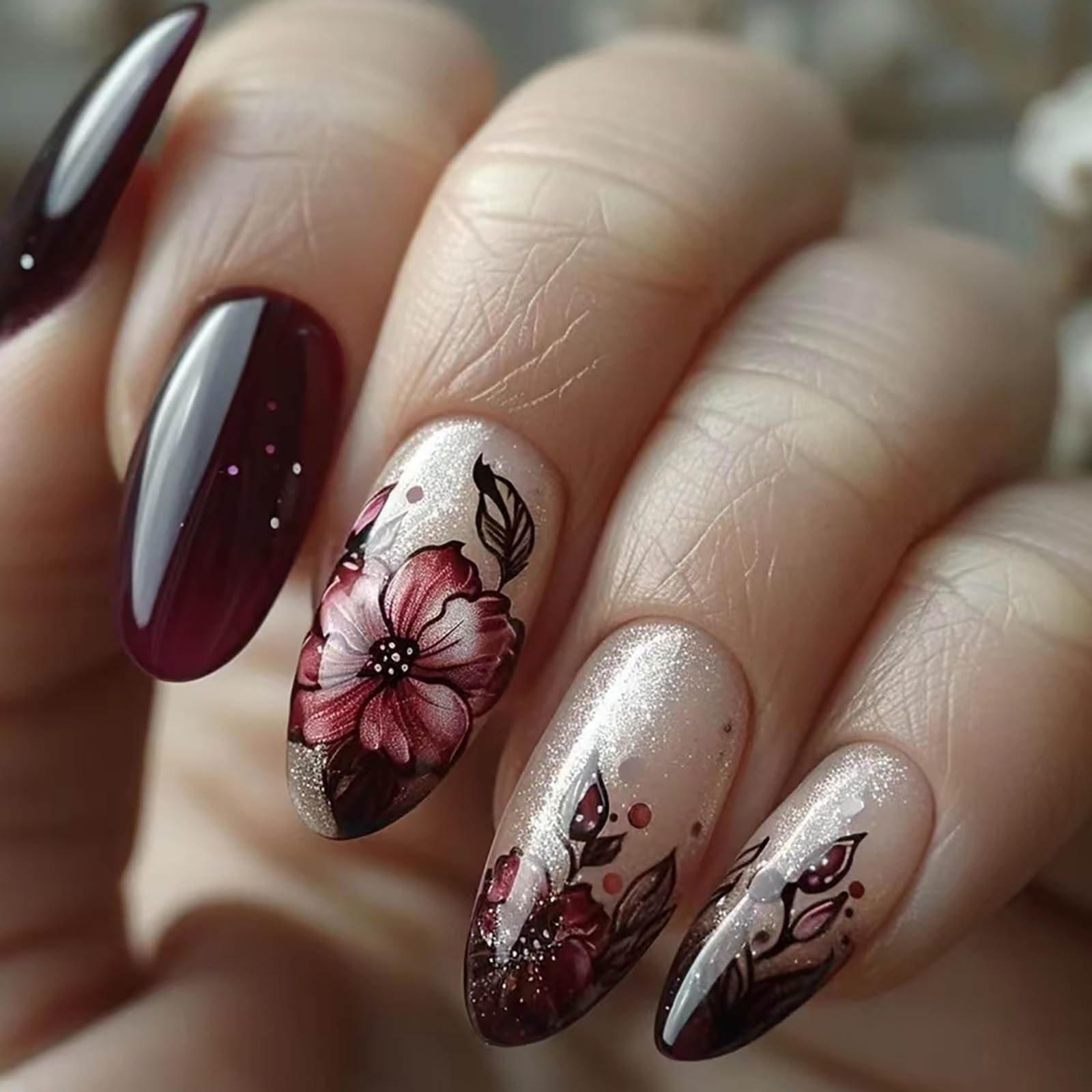 24pcs Almond Shape Press On Nails - Floral Design Acrylic Fake Nails for Women | Medium Length Stick On Nails for Manicure | Perfect for Parties, Weddings & Everyday Wear