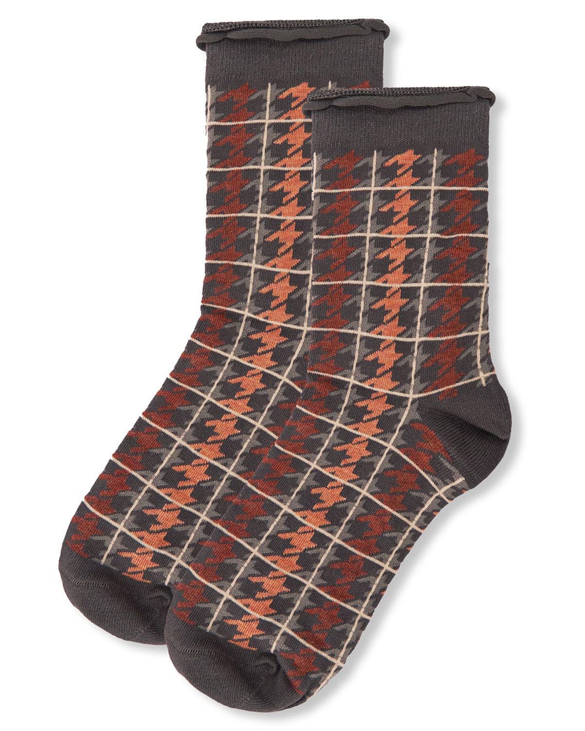 MeMoi Women's Houndstooth Plaid Roll Cuff Crew Socks - Warm & Comfortable Casual Socks for Everyday Wear, Office, and Home