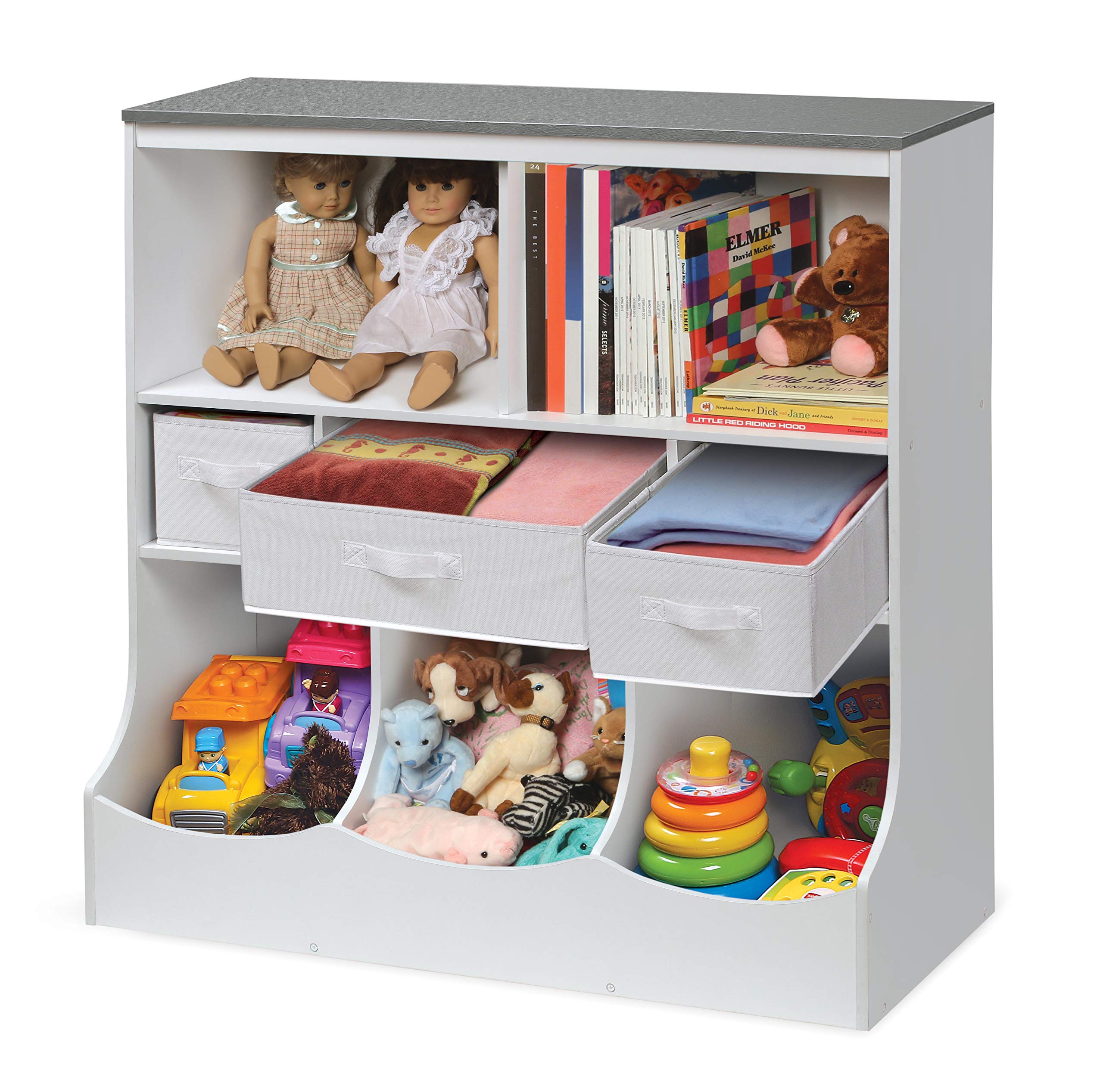 Badger Basket Kids Toy Storage Organizer with 3 Bins - White & Gray Bookcase for Nursery, Playroom & Classroom Organization