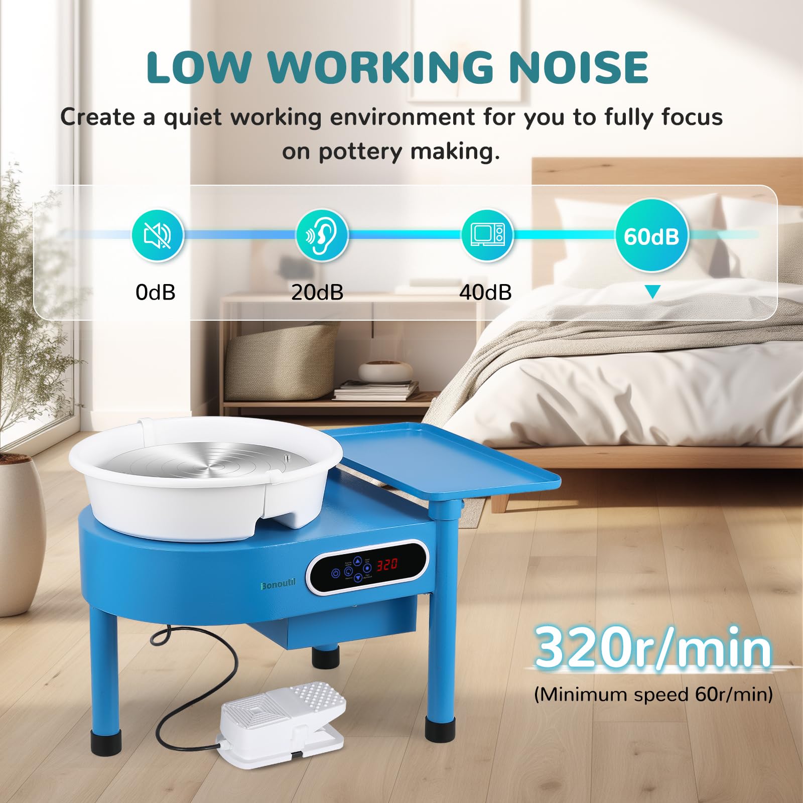 Bonoutil 12-Inch Electric Pottery Wheel with LCD Display & Foot Pedal - 0-320 RPM Adjustable Speed, 20 lbs Capacity, Includes 20-Piece DIY Sculpting Tools & Bat System - Perfect for Ceramic Art, Clay Modeling, and Pottery Classes for Adults & Beginners