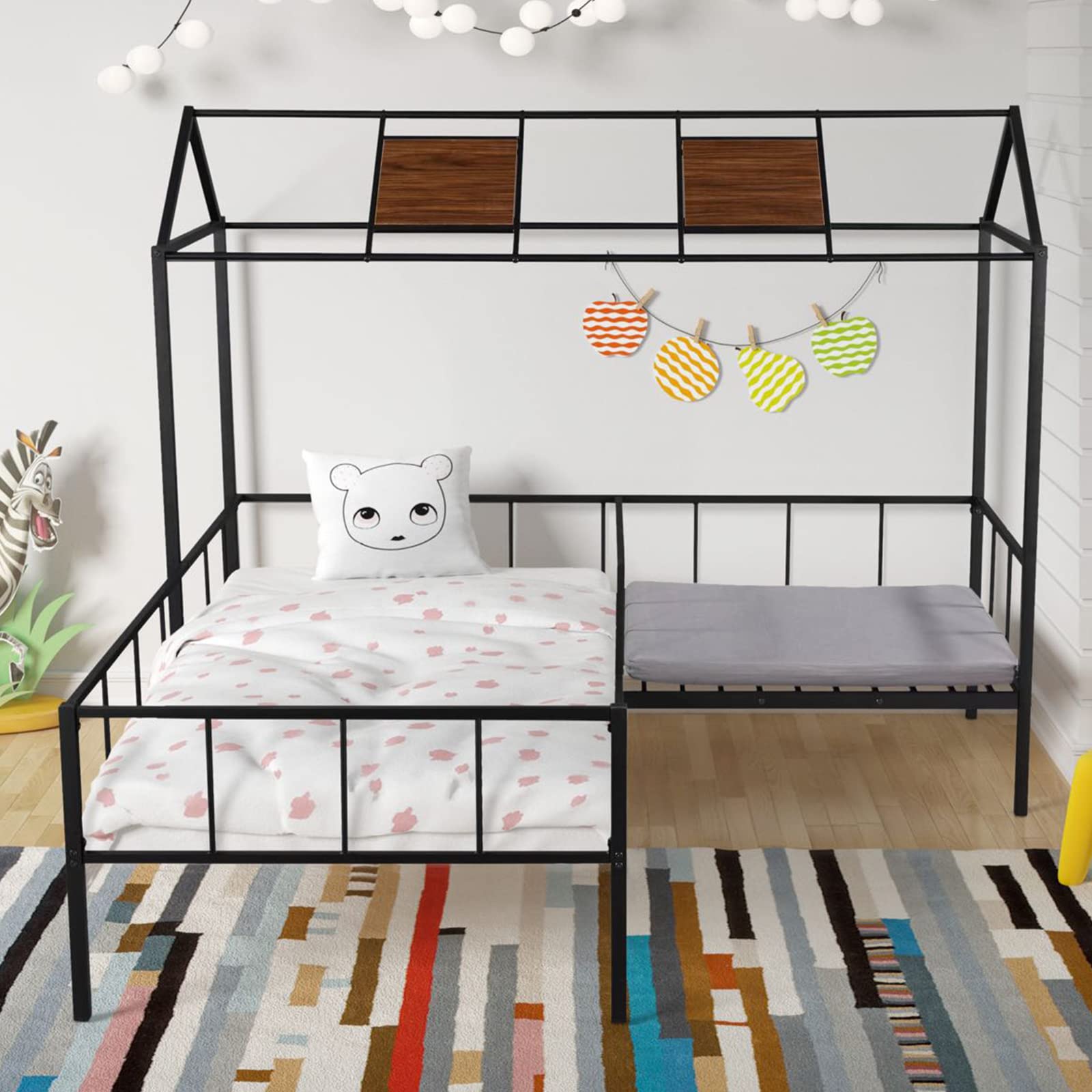 Montessori Metal Twin Size House Bed Frame with Seat Area - CALABASH Kids Play Bed for Boys, Girls & Teens - Sturdy Black Design for Bedrooms, Playrooms & Montessori Classrooms