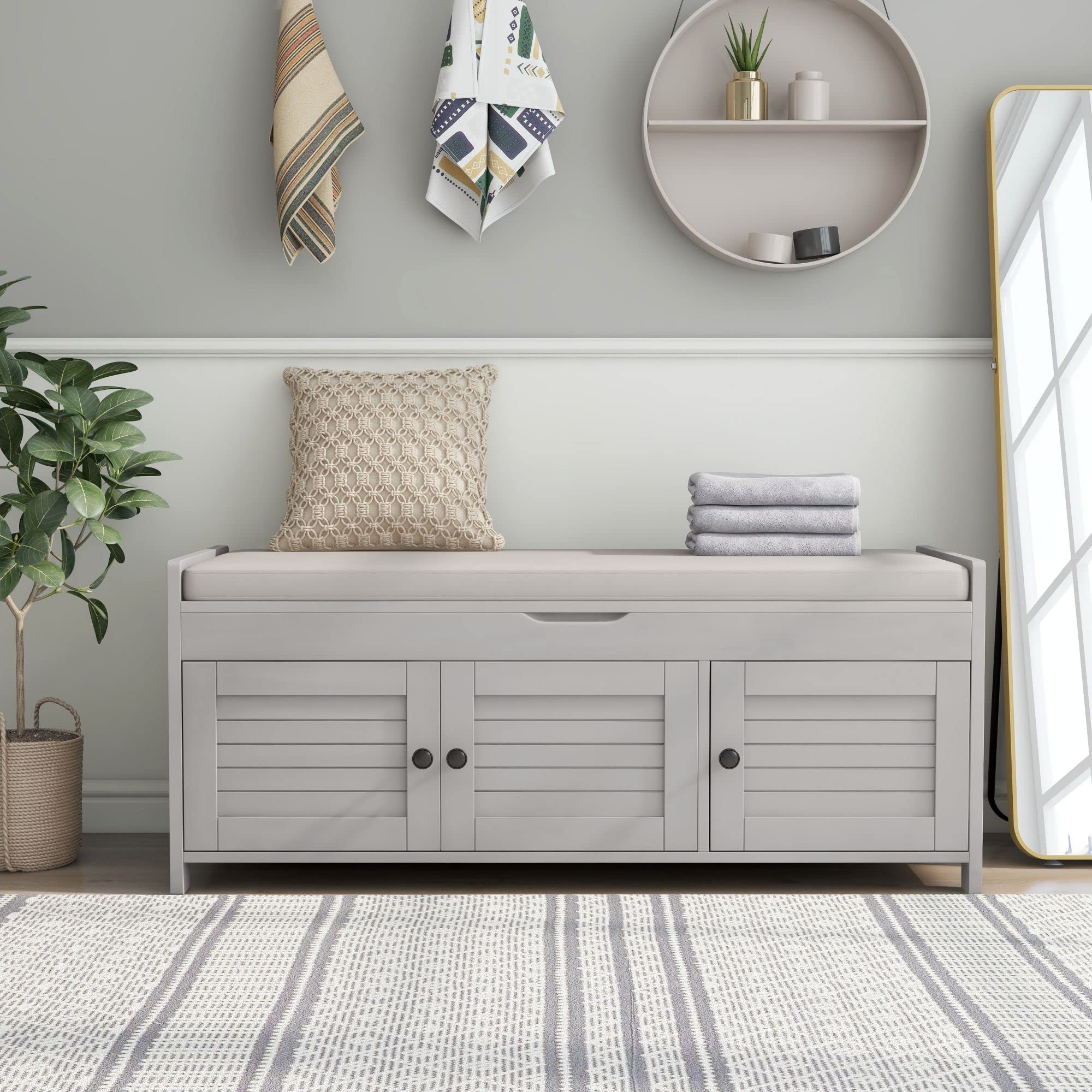 Harper & Bright Designs Solid Wood Storage Bench with 3 Shutter Doors, Removable Cushion & Hidden Compartment - Entryway Shoe Bench for Hallway, Living Room, Bedroom - Perfect for Organizing Shoes, Blankets & Home Decor