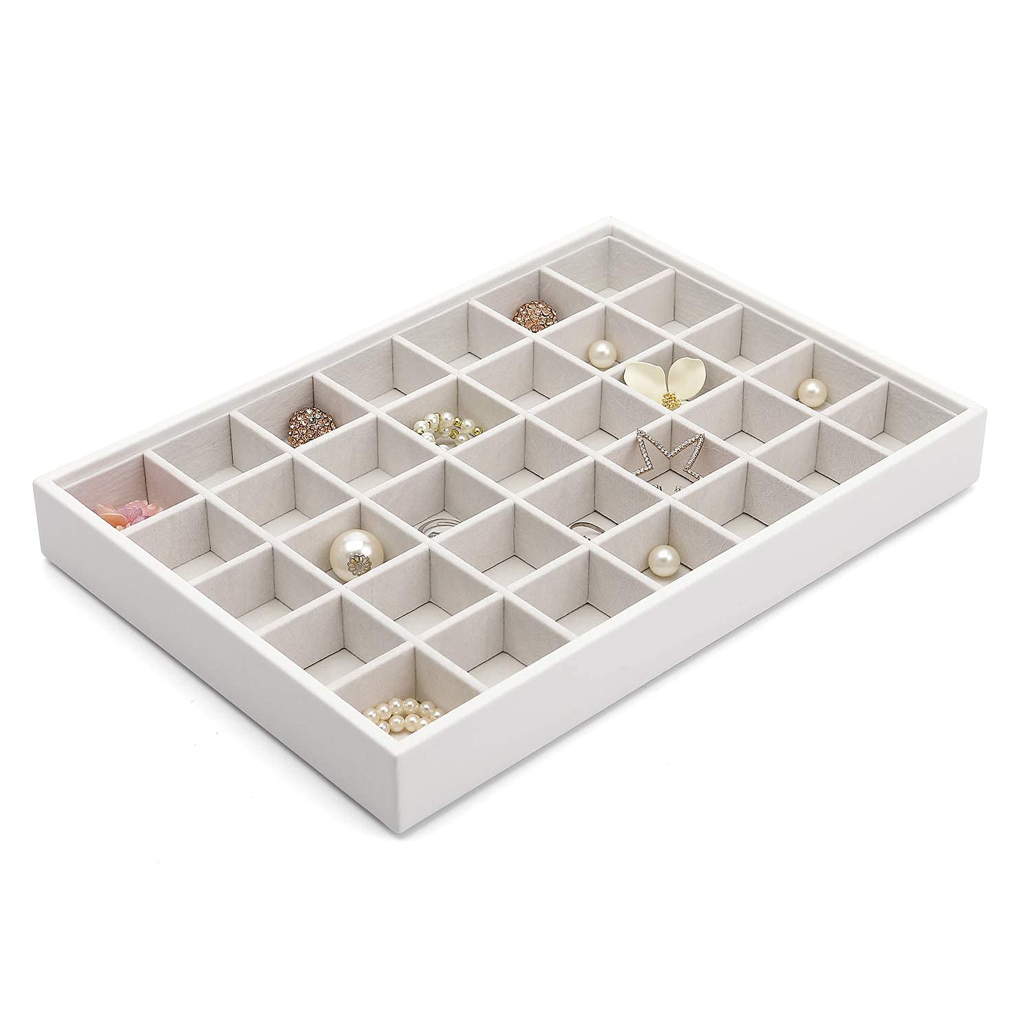 Vlando Jewelry Organizer Tray - 4-Layer Faux Leather Jewelry Storage Box with Lid for Earrings, Necklaces, Bracelets & Rings - Perfect for Desktop, Dresser or Drawer Organization - Elegant White Design