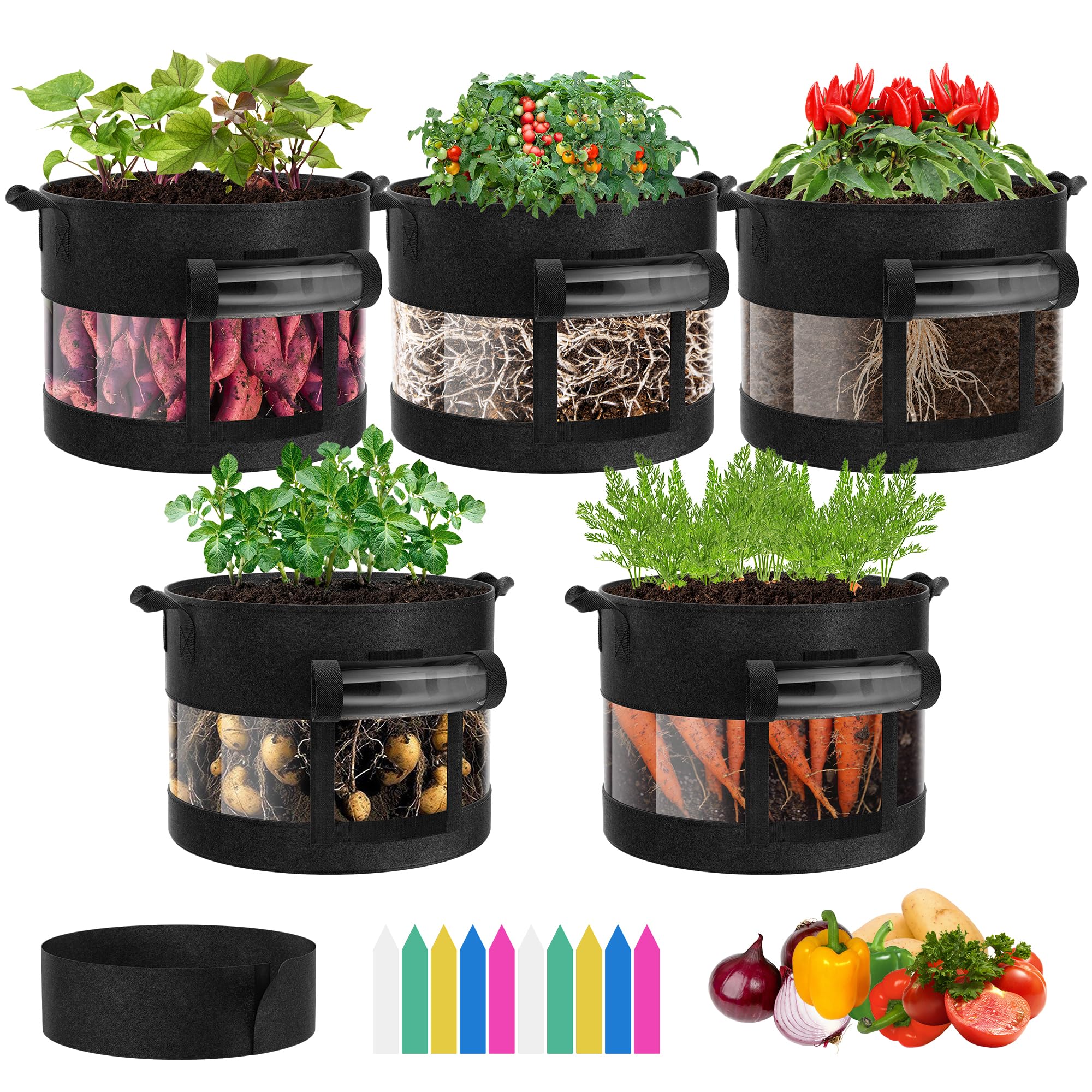 VIVOSUN 5-Pack 10 Gallon Breathable Potato Grow Bags - Thick Fabric Plant Pots with 360° Visibility & Easy Harvest Window - Ideal for Growing Potatoes, Sweet Potatoes, Carrots & Vegetables - Perfect for Indoor/Outdoor Gardening, Balcony & Patio Planting