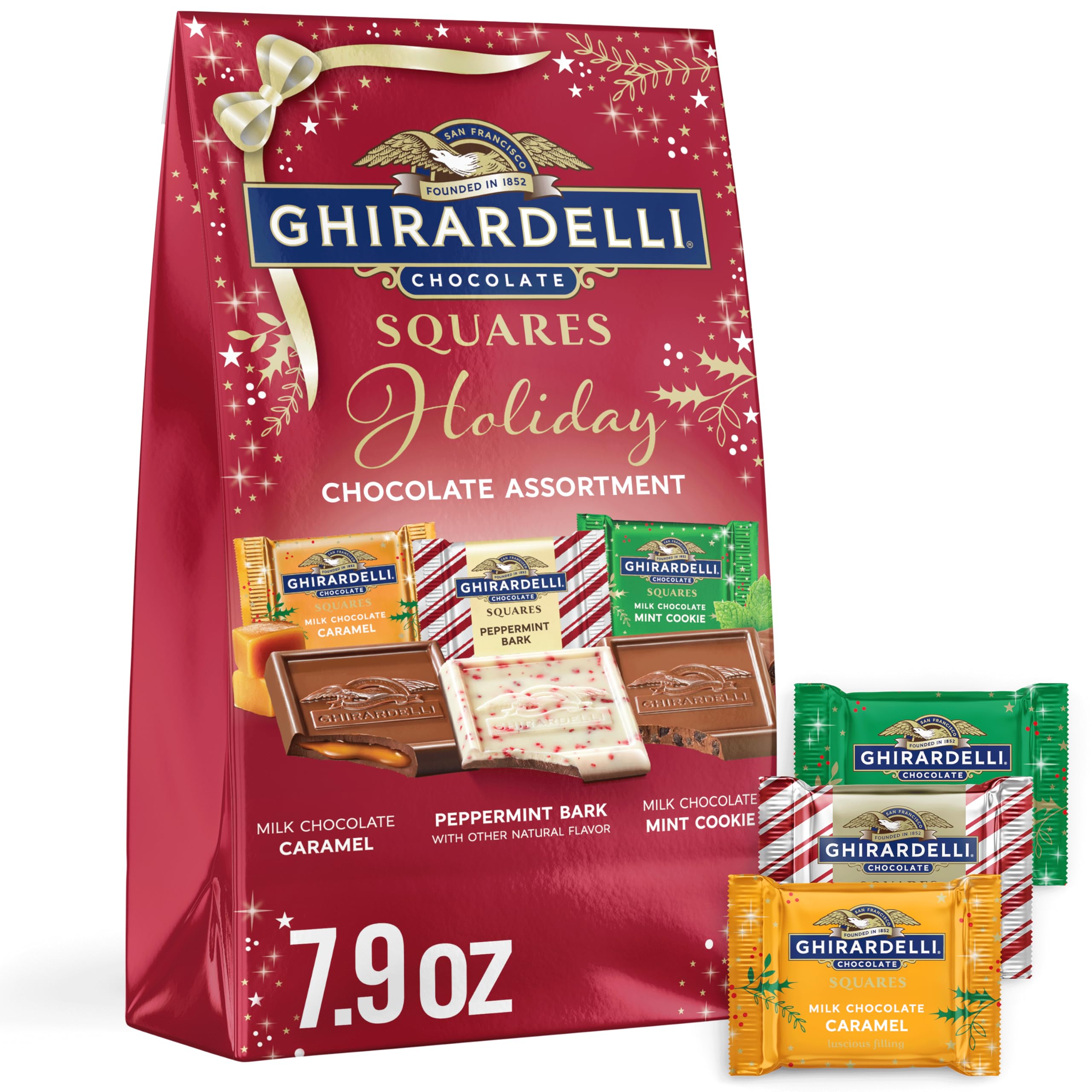 Ghirardelli Holiday Assorted Chocolate Squares Bag - 7.5oz Milk Chocolate Caramel, Peppermint Bark & Gingerbread Cookie | Limited Edition Gift for Christmas, Stocking Stuffers & Party Favors