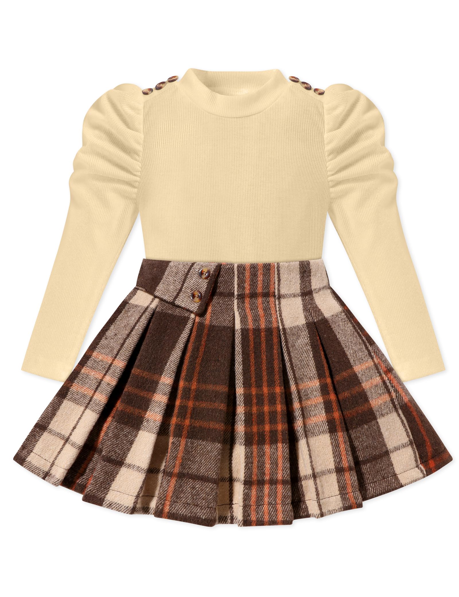 Fuermos Toddler Girl Clothes Set - Puff Sleeve Top & Pleated Plaid Skirt 2PC Outfit for Fall Winter | Cute School, Party & Holiday Outfits for Girls