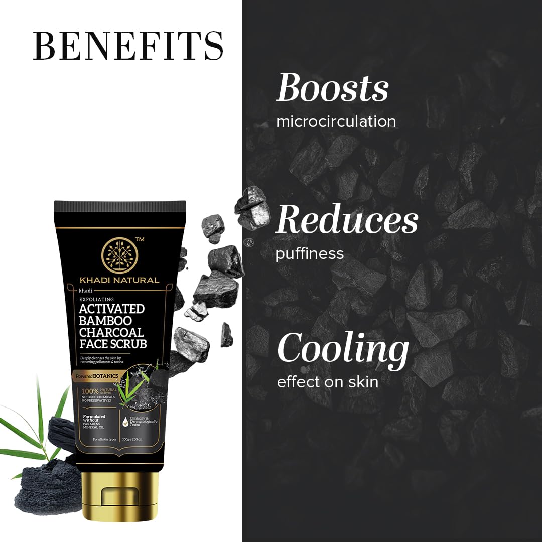 Khadi Natural Activated Bamboo Charcoal Face Scrub - Exfoliating & Deep Cleansing for Acne, Blackheads & Oily Skin | Organic Botanicals | Perfect for Daily Skincare Routine & Spa Days