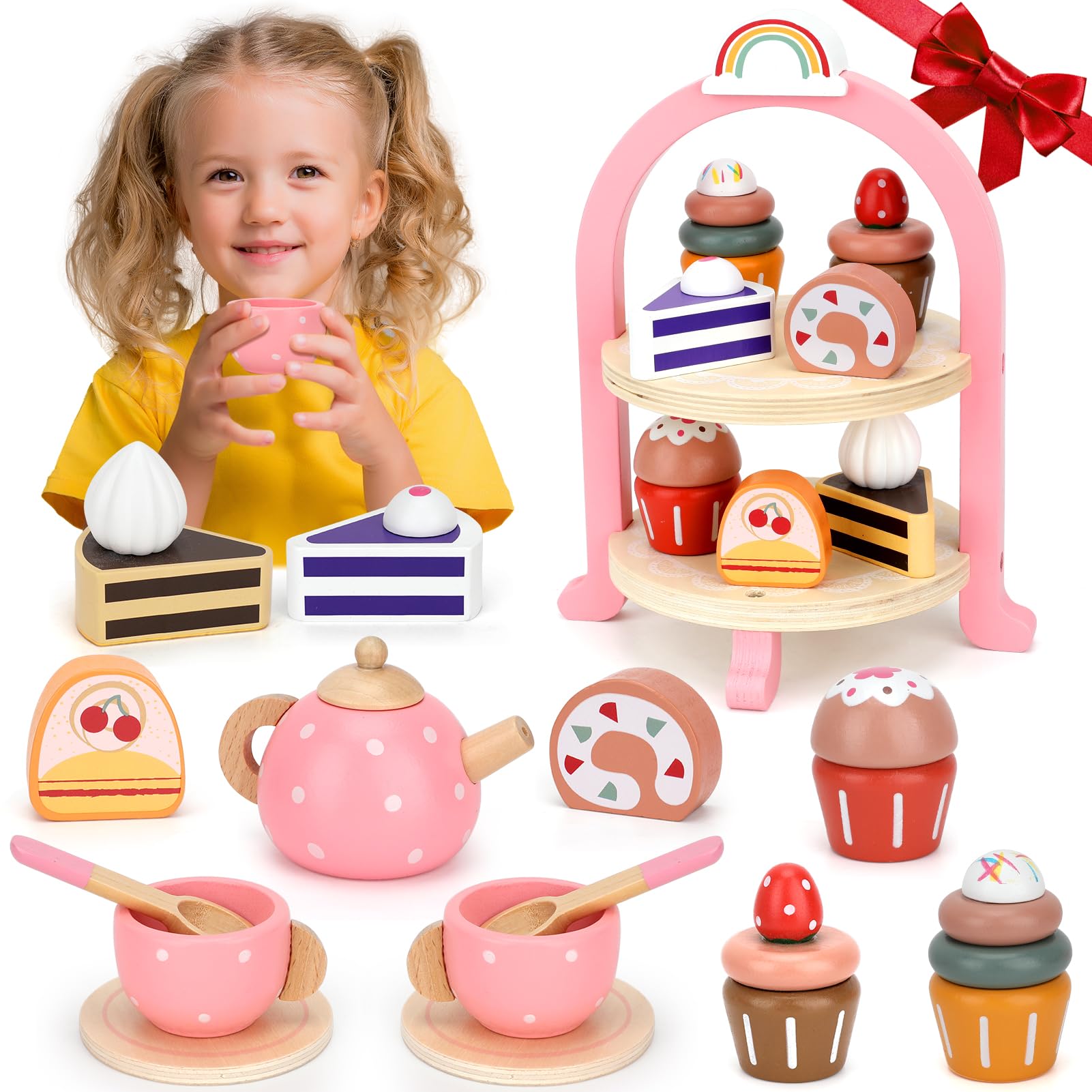 Wooden Tea Party Set for Girls - Pretend Play Kitchen Toy with Tea Cups & Treats, Perfect Birthday Gift for Toddlers & Kids Ages 3-7 - Ideal for Imaginative Play, Tea Time Fun & Social Skills Development