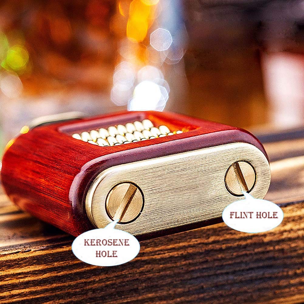 Vintage Windproof Brass Lighter - Antique Kerosene Flip Lighter with Wooden Case for Smoking & Outdoor Use