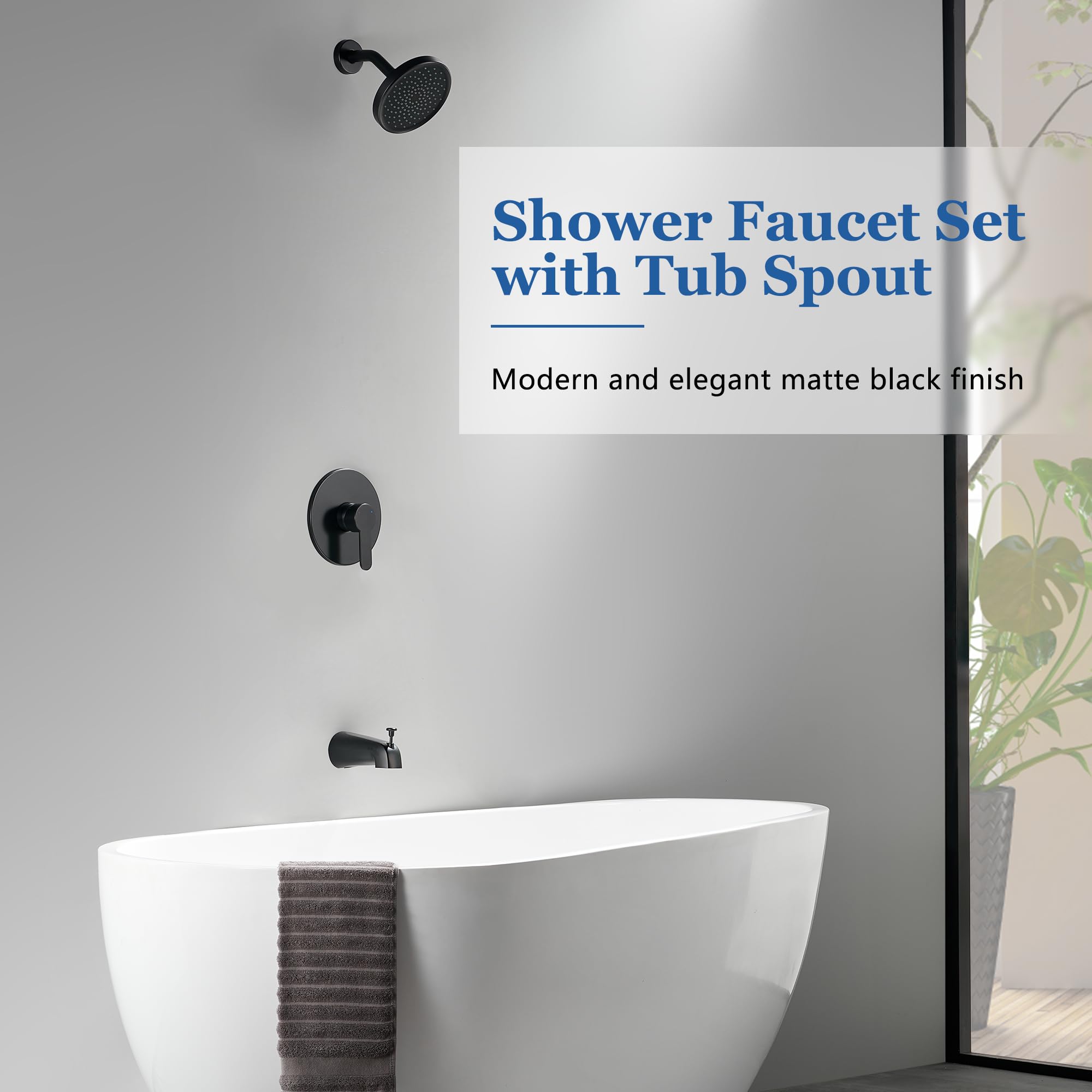 Tohlar Matte Black Shower Faucet Set - 6 Inch Rainfall Shower Head with Single Handle Valve, Tub Spout & Trim Kit for Bathroom Remodel | Modern Bathroom Upgrade for Spa-Like Experience