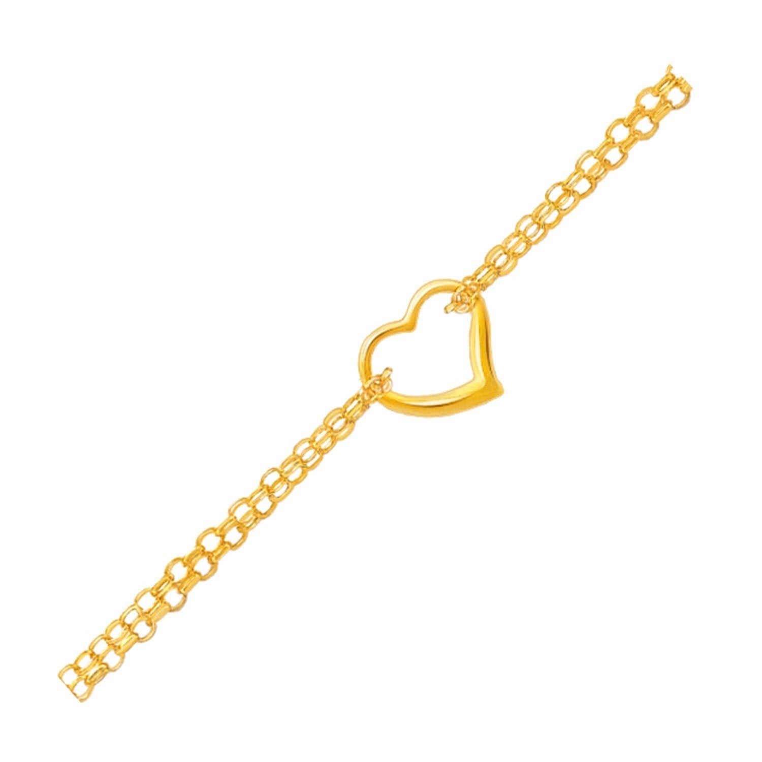 14K Yellow Gold Double Rolo Chain Anklet with Open Heart Station - 10 Inch Adjustable Ankle Bracelet for Women, Perfect for Beach, Wedding & Everyday Wear