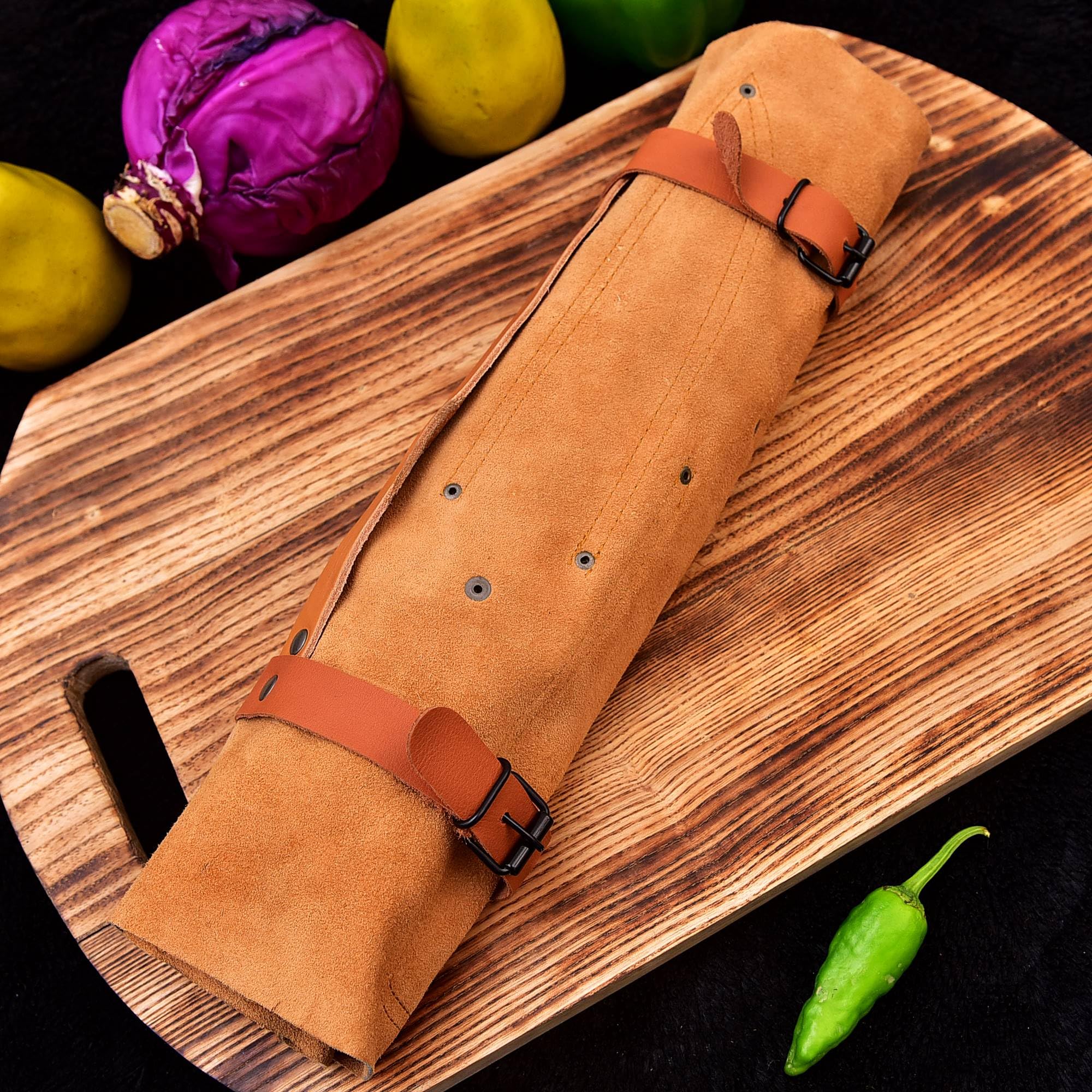 Premium Damascus Steel 6-Piece Professional Kitchen Knife Set with Leather Roll - Handcrafted Utility Knives for Chefs & Home Cooking (Brown) - Perfect for Slicing, Dicing & Food Prep