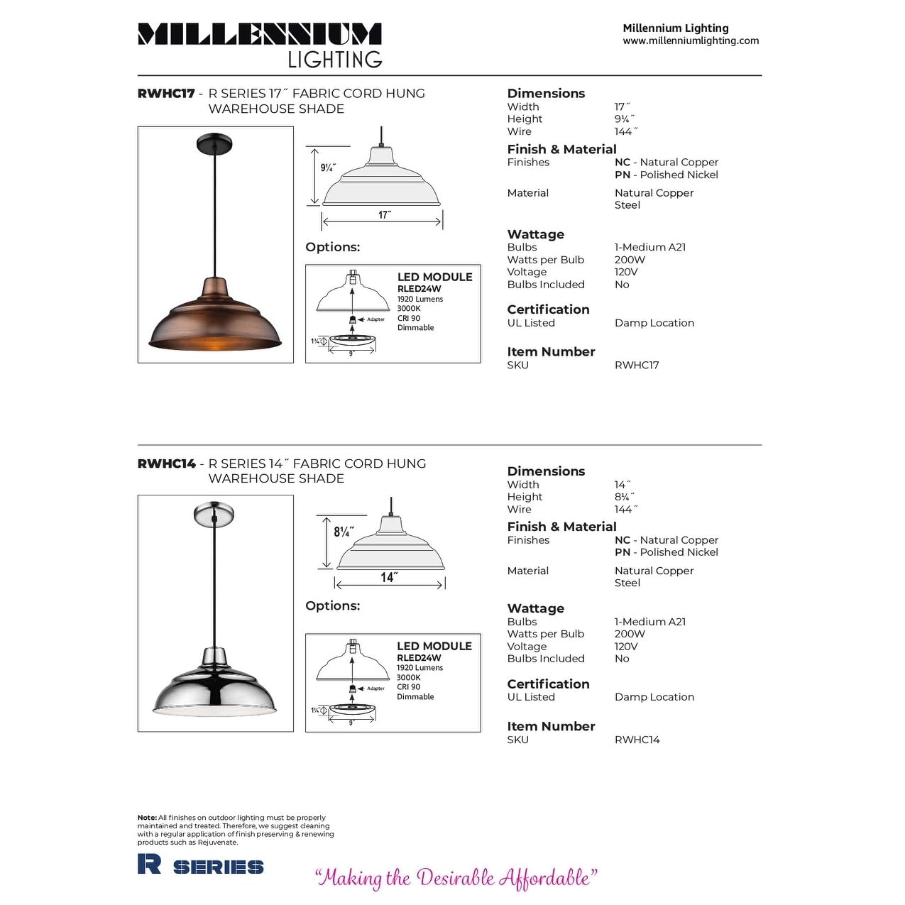 Millennium RWHC14-NC Modern Copper Pendant Light Fixture - Elegant Single Bulb Hanging Light for Dining Room, Kitchen Island or Bedroom