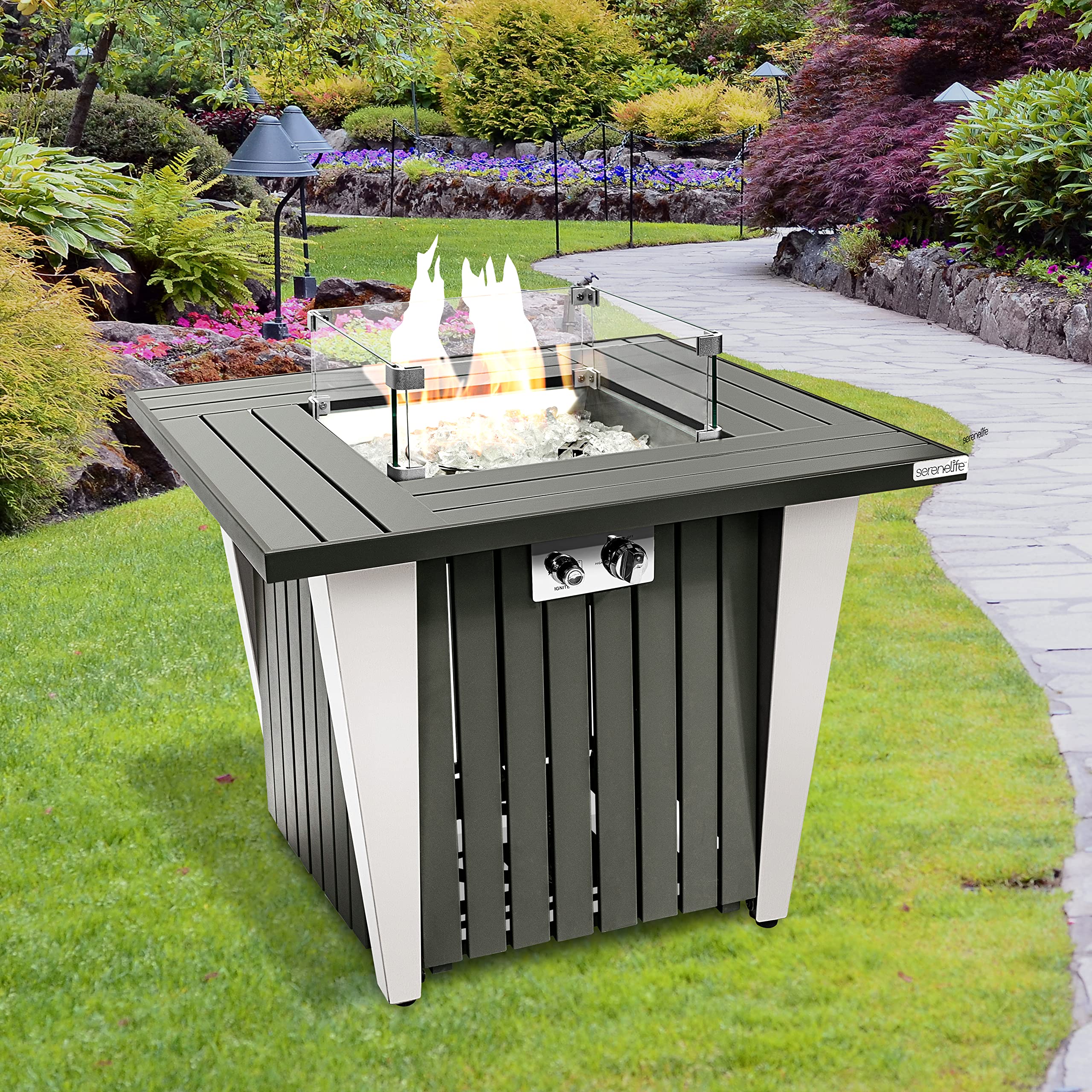 SereneLife Outdoor Propane Fire Pit Table - CSA/ETL Certified 50,000 BTU Square Gas Fire Table with Adjustable Flame, Pulse Ignition & Weatherproof Design - Includes Glass Wind Guard & Fire Glass Rocks - Perfect for Patio, Backyard, Deck & Outdoor Gatherings - SLFPX69