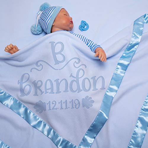 Personalized Baby Blanket with Initial and Name - 36x36 Inch Large Fleece Blanket with Satin Trim - Soft Baby Receiving Blankets for Boys & Girls - Perfect Newborn Gift for Showers, Birthdays & Keepsakes