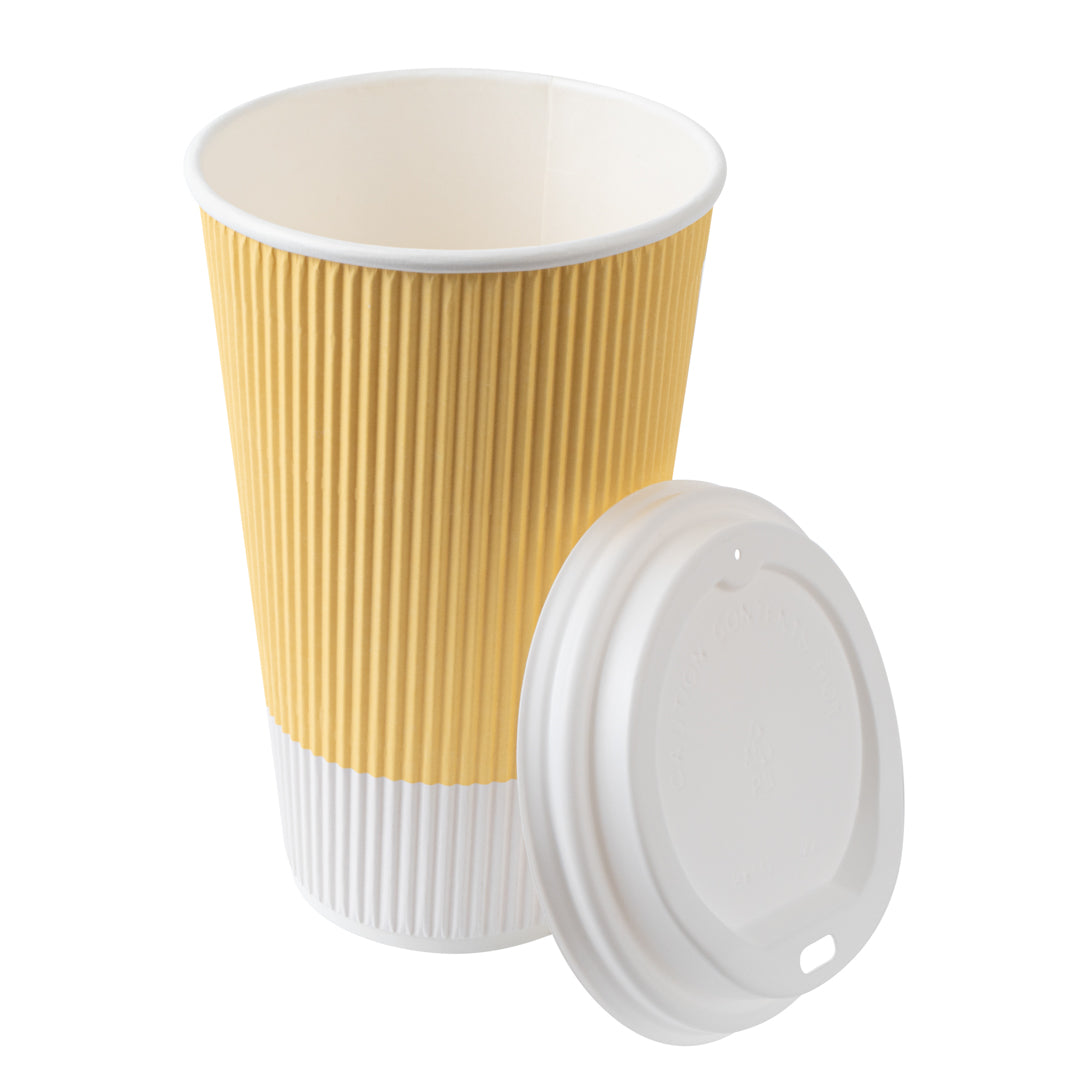 16 oz Light Yellow Ripple Wall Paper Coffee Cups with White Lids - 200 Count Bulk Pack (3.5