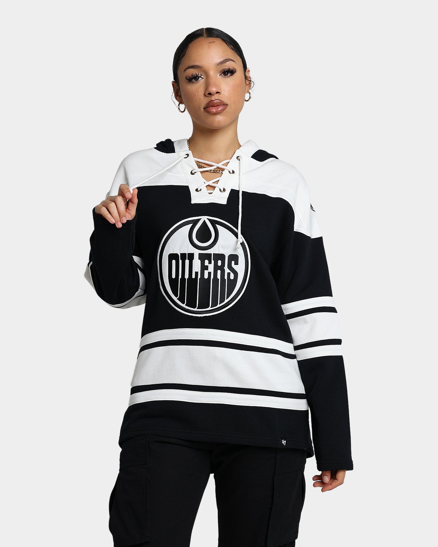 47 Brand Edmonton Oilers Superior Lacer Hoodie - Jet Black NHL Fan Apparel for Men & Women - Cozy Winter Pullover for Game Day & Casual Wear
