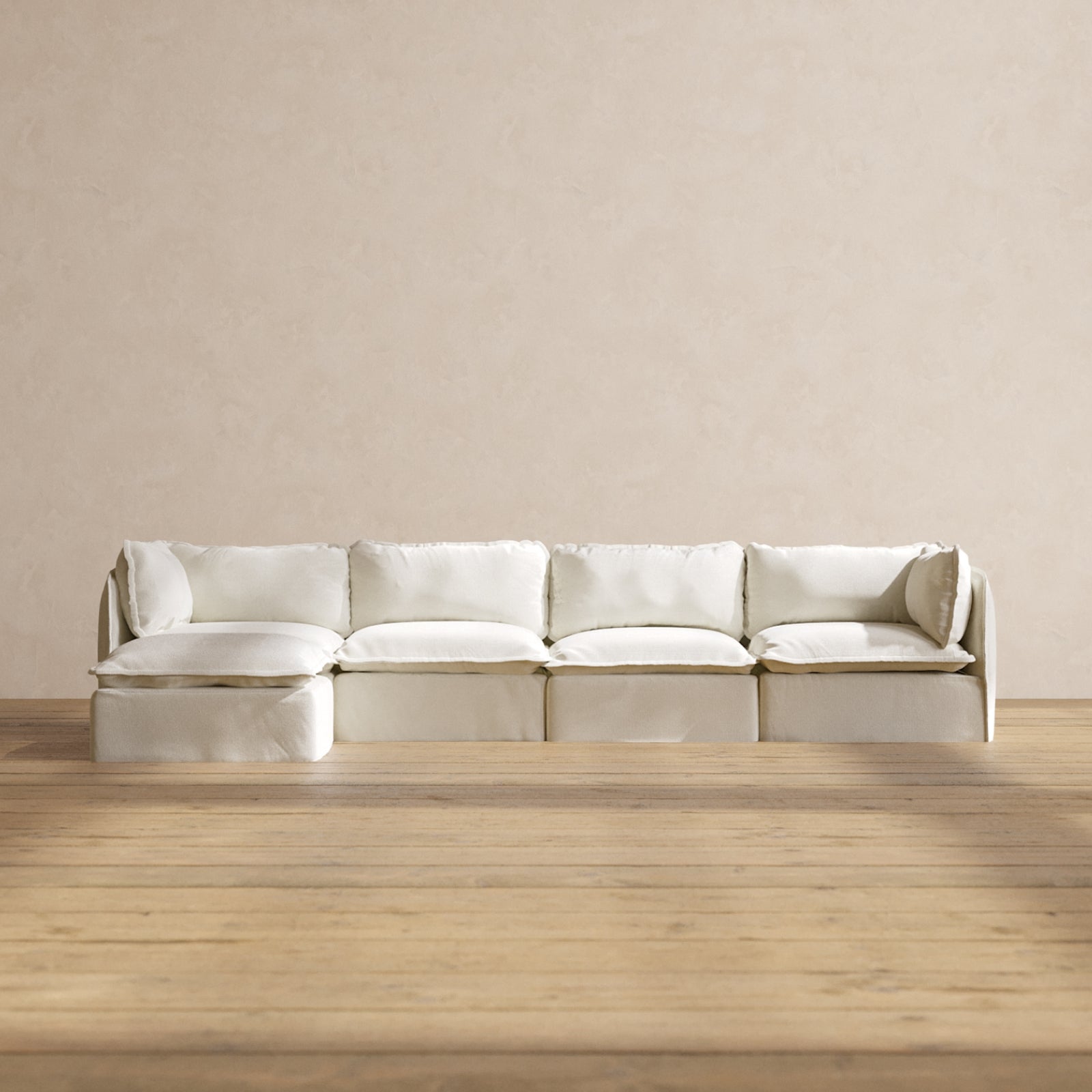 Premium Modular Performance 4-Seater Sectional Sofa in Eggshell White | Luxe Fabric Blend | Perfect for Living Rooms, Family Gatherings & Home Theater Seating
