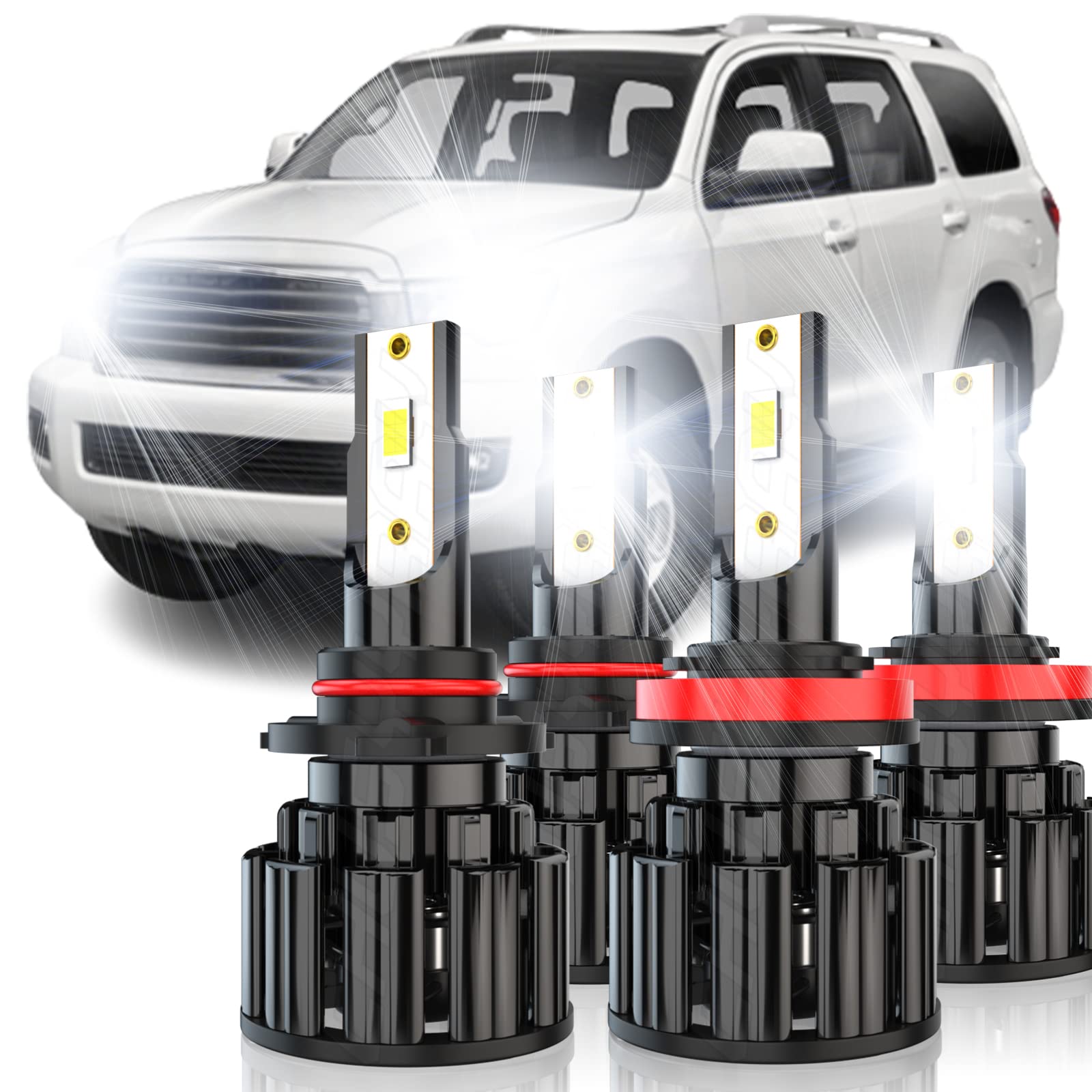 CHUSYYRAY 9005 H11 LED Headlight Bulbs - Compatible with Toyota Sequoia 2008-2018, Super Bright 6500K White Light (500% Brighter), 50,000 Hours Lifespan, Plug and Play - Pack of 4 | Perfect for Night Driving, Off-Road Adventures & Enhanced Visibility
