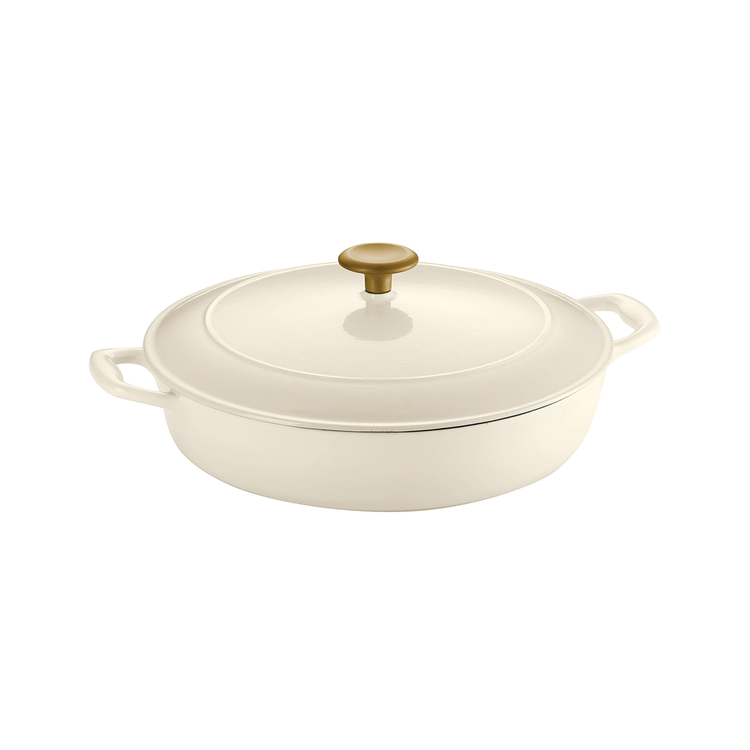 Tramontina 4-Quart Enameled Cast Iron Braiser Pan with Lid - Latte Color, Gold Knob - Perfect for Searing, Braising & Slow Cooking in Oven or Stovetop