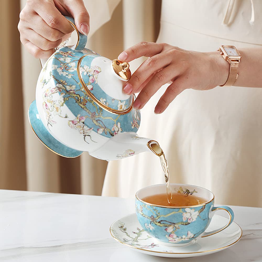 Luxury 6-Piece Tea Cup and Saucer Set with Gold Trim - 6oz Porcelain Coffee Cups with Metal Stand, British Royal Style for Afternoon Tea, Bridal Shower, and Elegant Home Decor