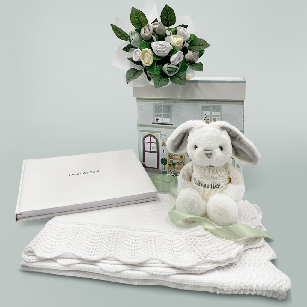 Personalized Baby Blessing Keepsake Gift Basket with Little Gray Bunny - Perfect for Newborn Gifts, Baby Showers & Christening Presents