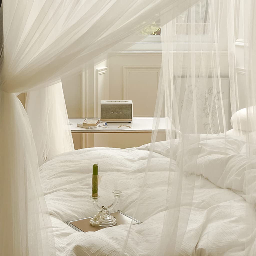 Elegant Luxury 4 Corner Post Mosquito Net for Full Size Bed - White Bed Canopy for Romantic Bedroom Decor & Insect Protection