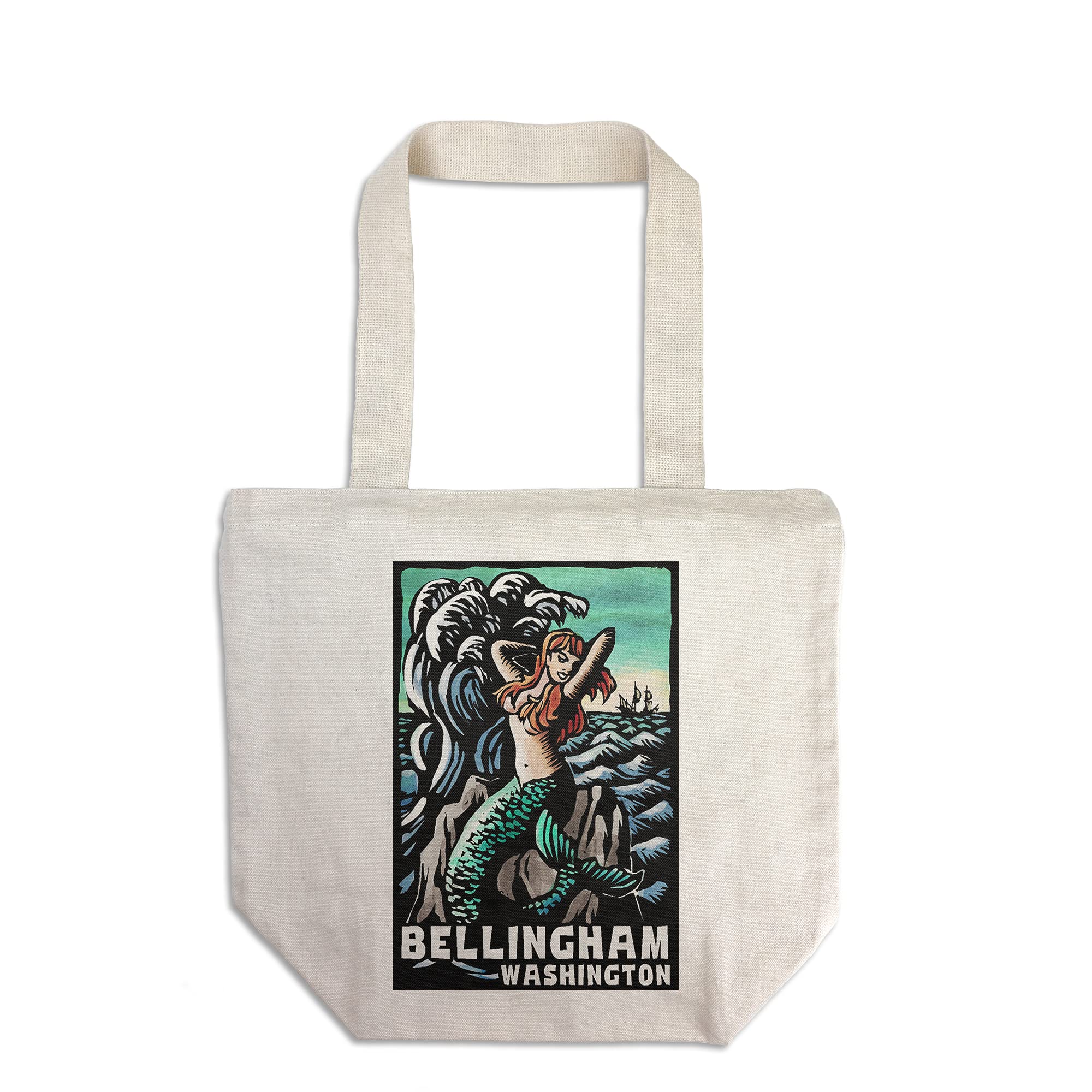 Lantern Press Bellingham Washington Mermaid Scratchboard Tote Bag - 100% Cotton Canvas Reusable Shopping Bag for Beach, Groceries & Everyday Use